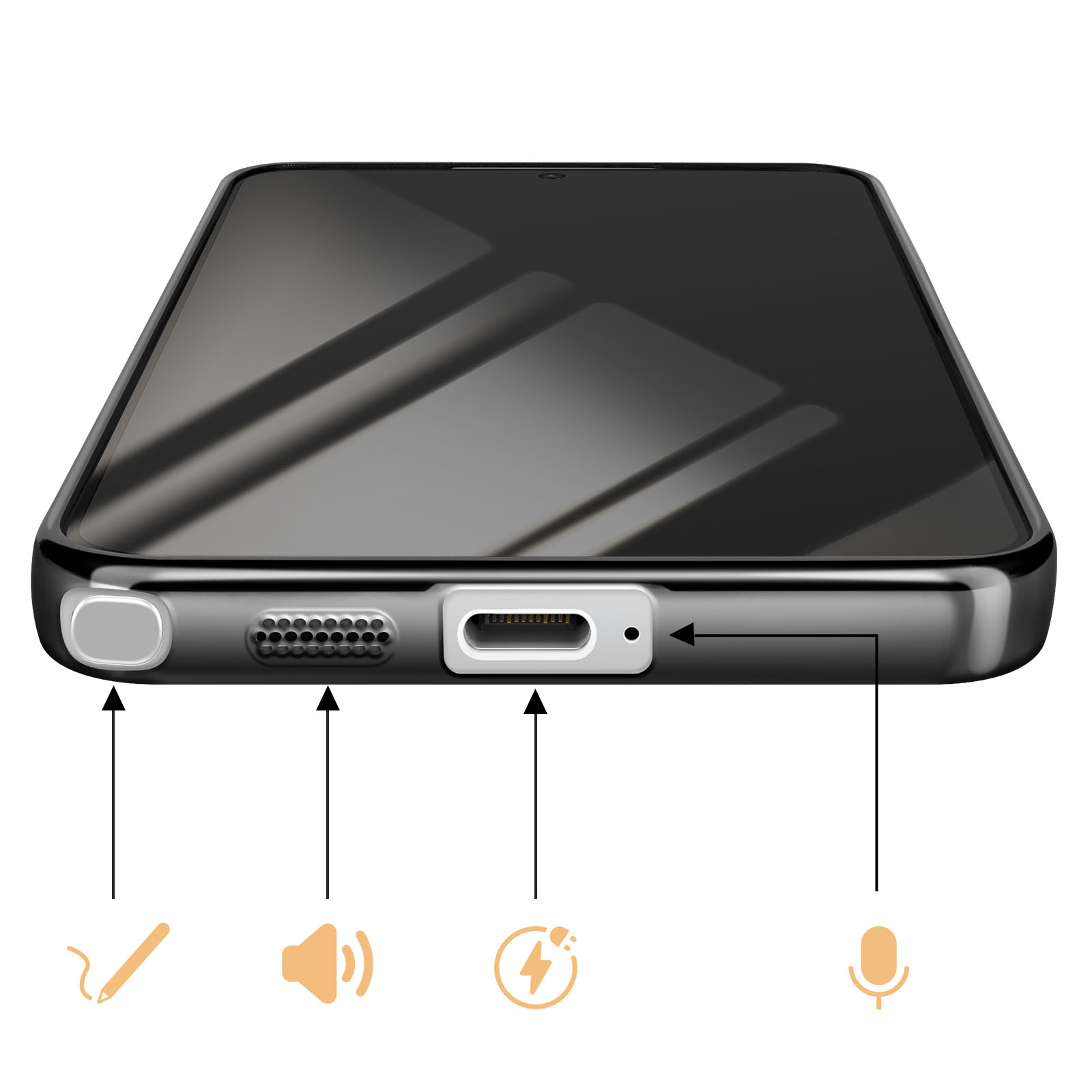 Bas d'un smartphone montrant les ports et les icônes pour stylet, haut-parleur, charge et microphone.