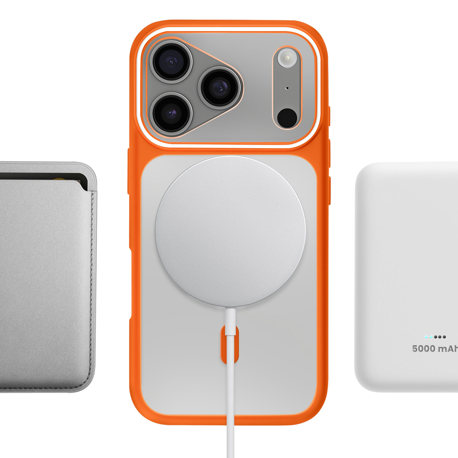 Drie iPhone-accessoires: een grijze hoes, een oranje telefoonhoes met camera's en een witte oplader.