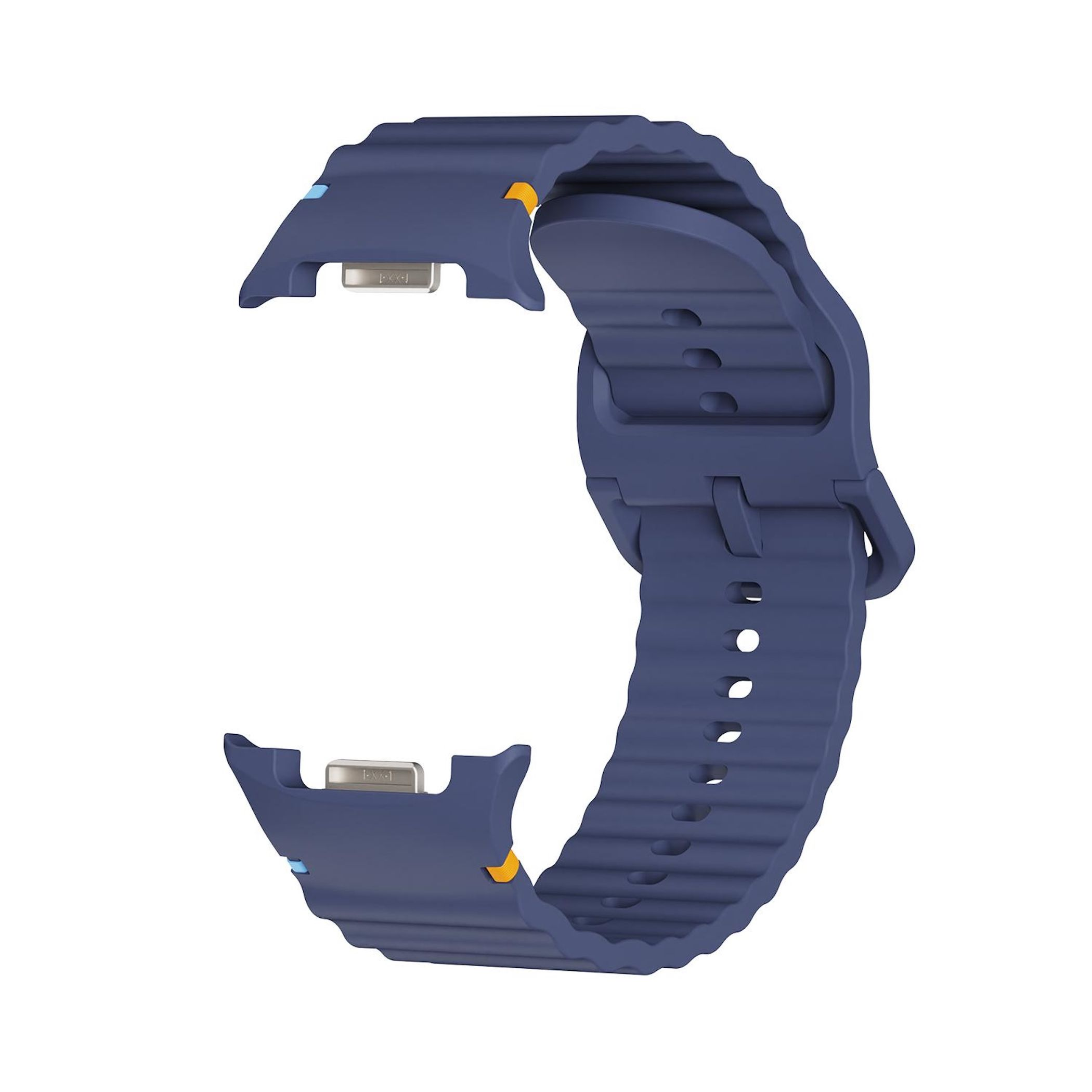 Ein dunkelblauer Uhrenarmband mit Wellenmuster und silbernen Anschlüssen.