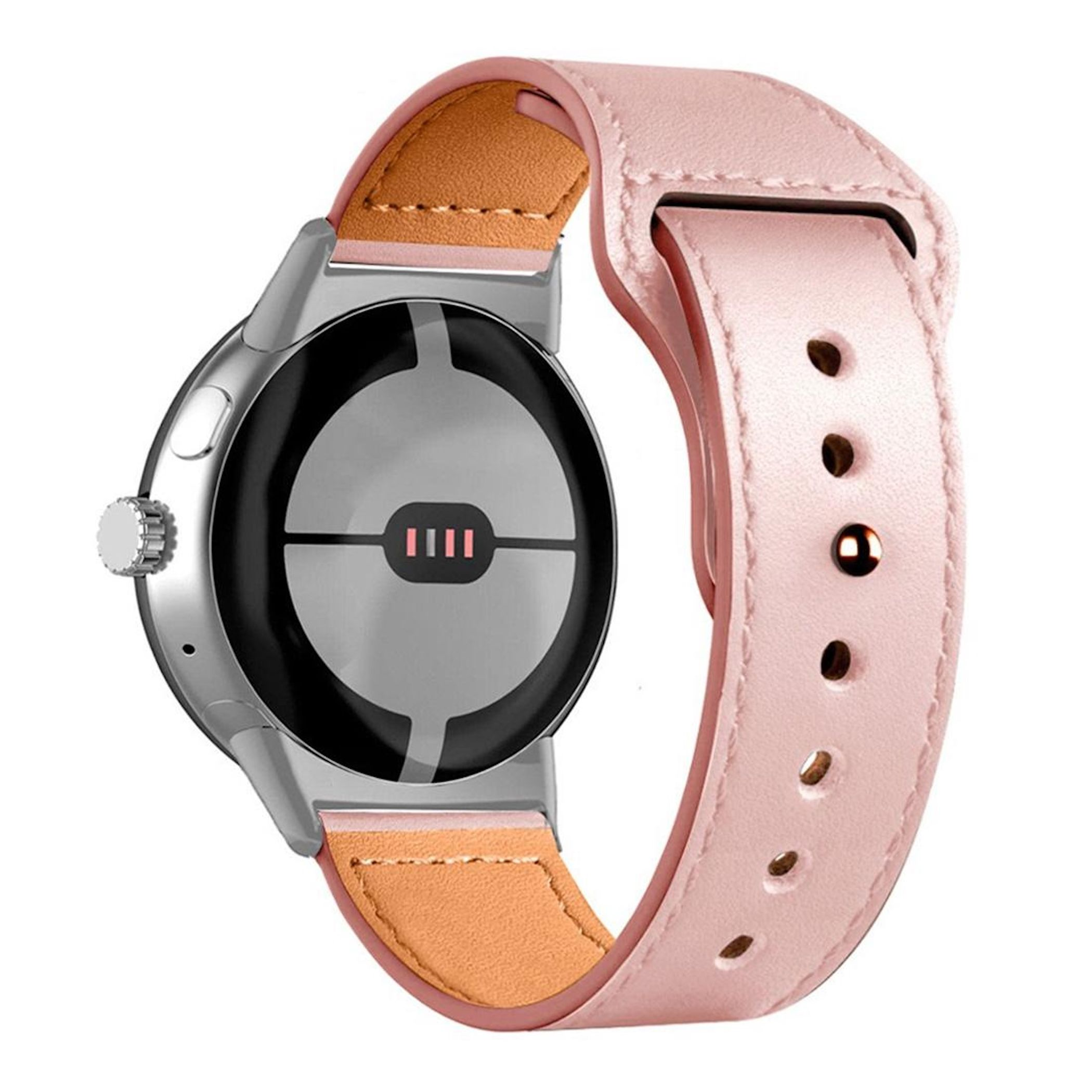Ein rosa Lederarmband an einer silbernen Smartwatch, mit sichtbarem Sensor.