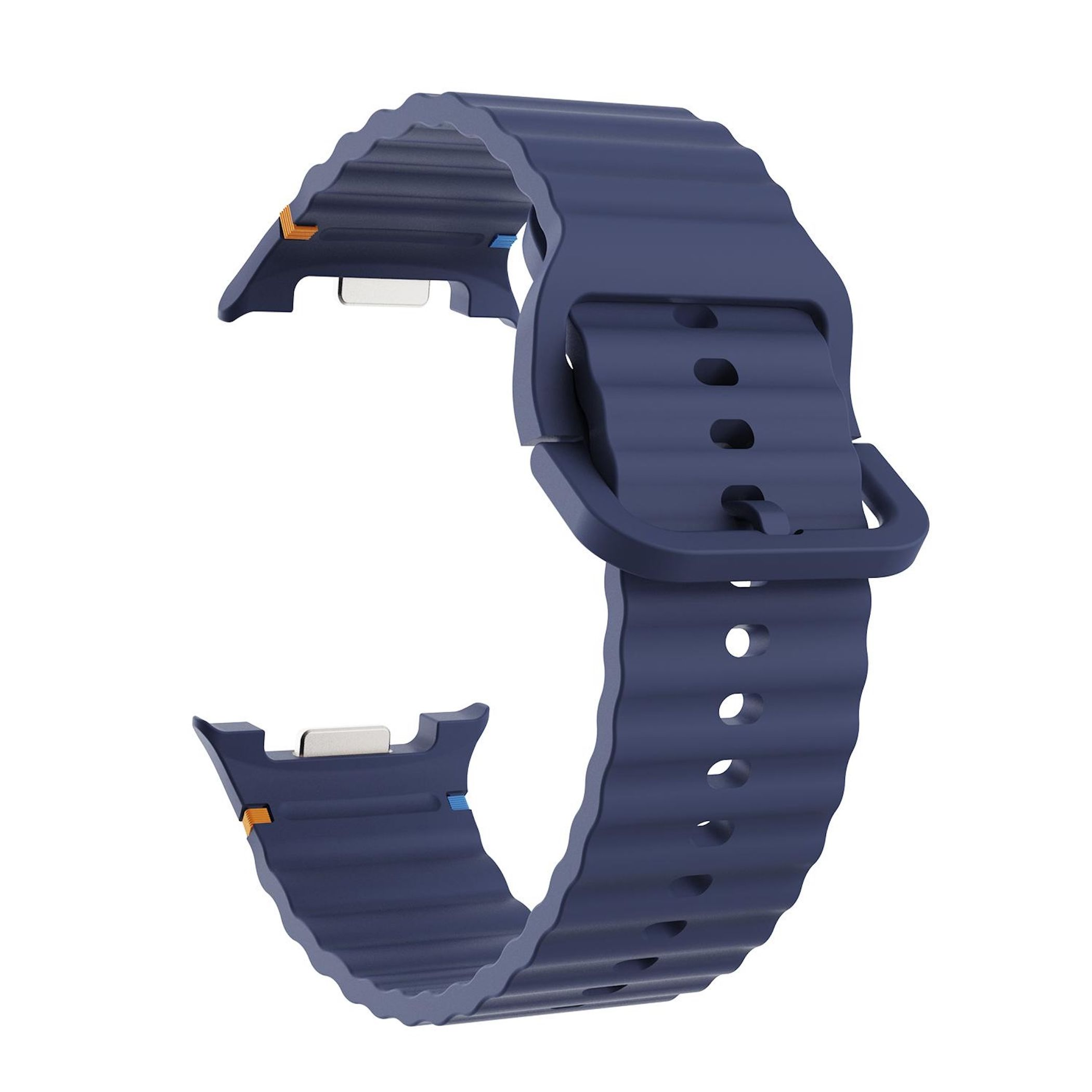 Dunkelblaues Uhrenarmband mit Wellenmuster und Schnalle.