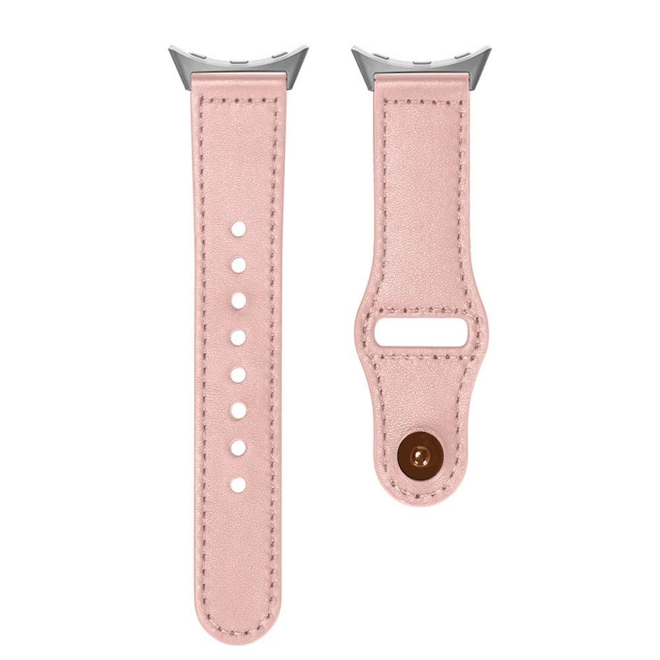 Zwei rosa Lederarmbänder mit silbernen Anschlüssen auf weißem Hintergrund.