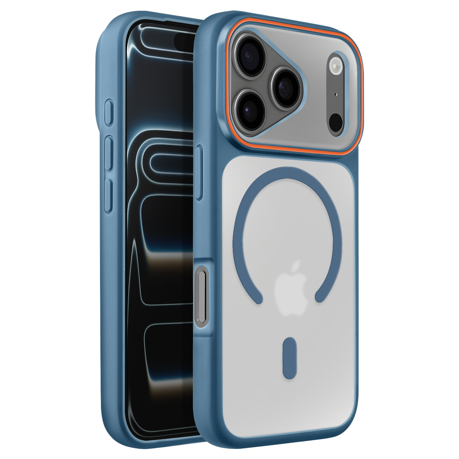 Een blauwe telefoonhoes met oranje rand en drie achtercamera's.