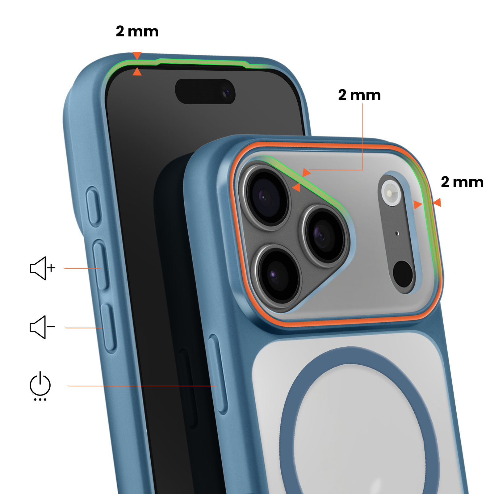 Blauw telefoonhoesje met 2mm randen, cameralenzen en volume-iconen.
