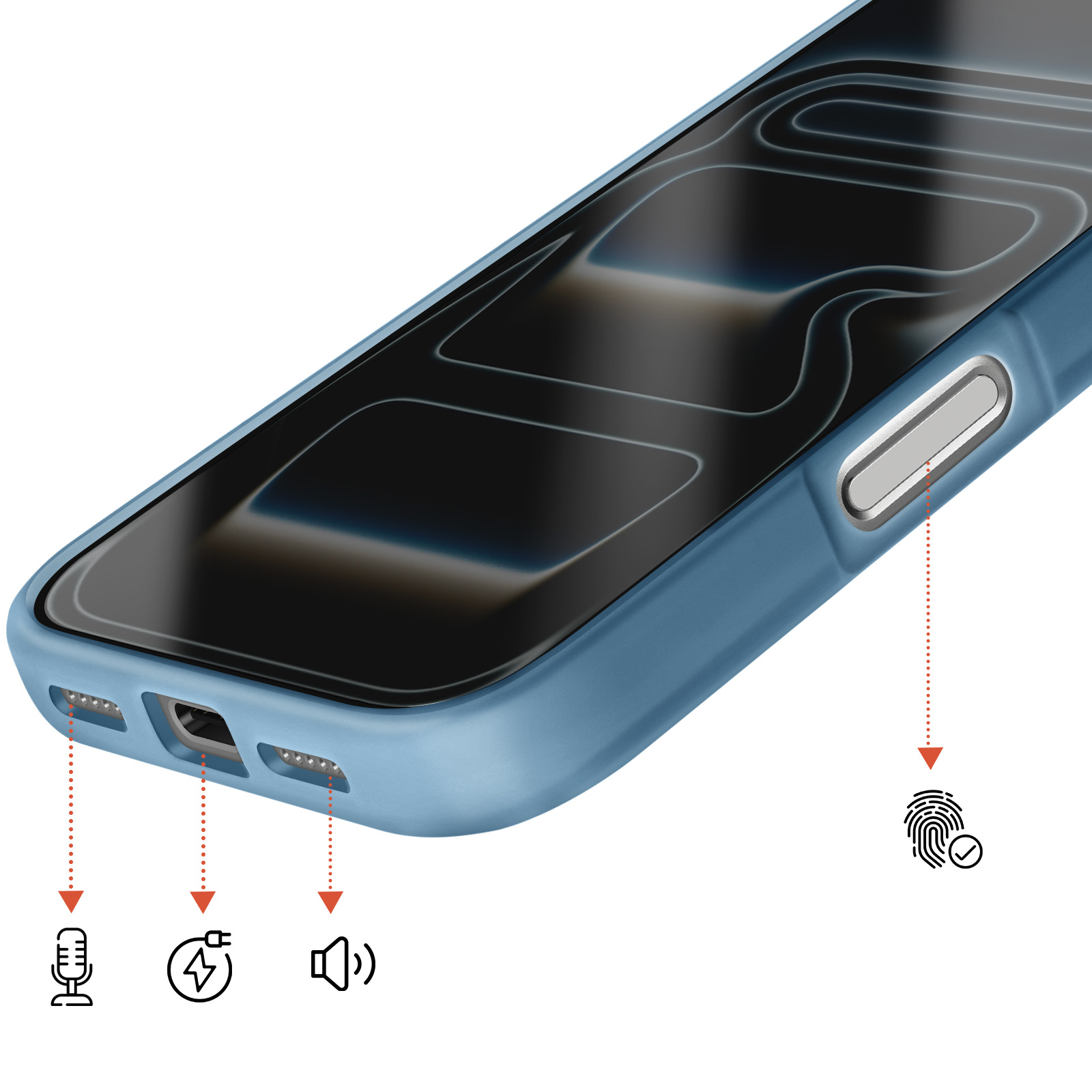 Blauw telefoonhoesje met zijknop en onderpoorten voor microfoon, opladen en luidspreker.