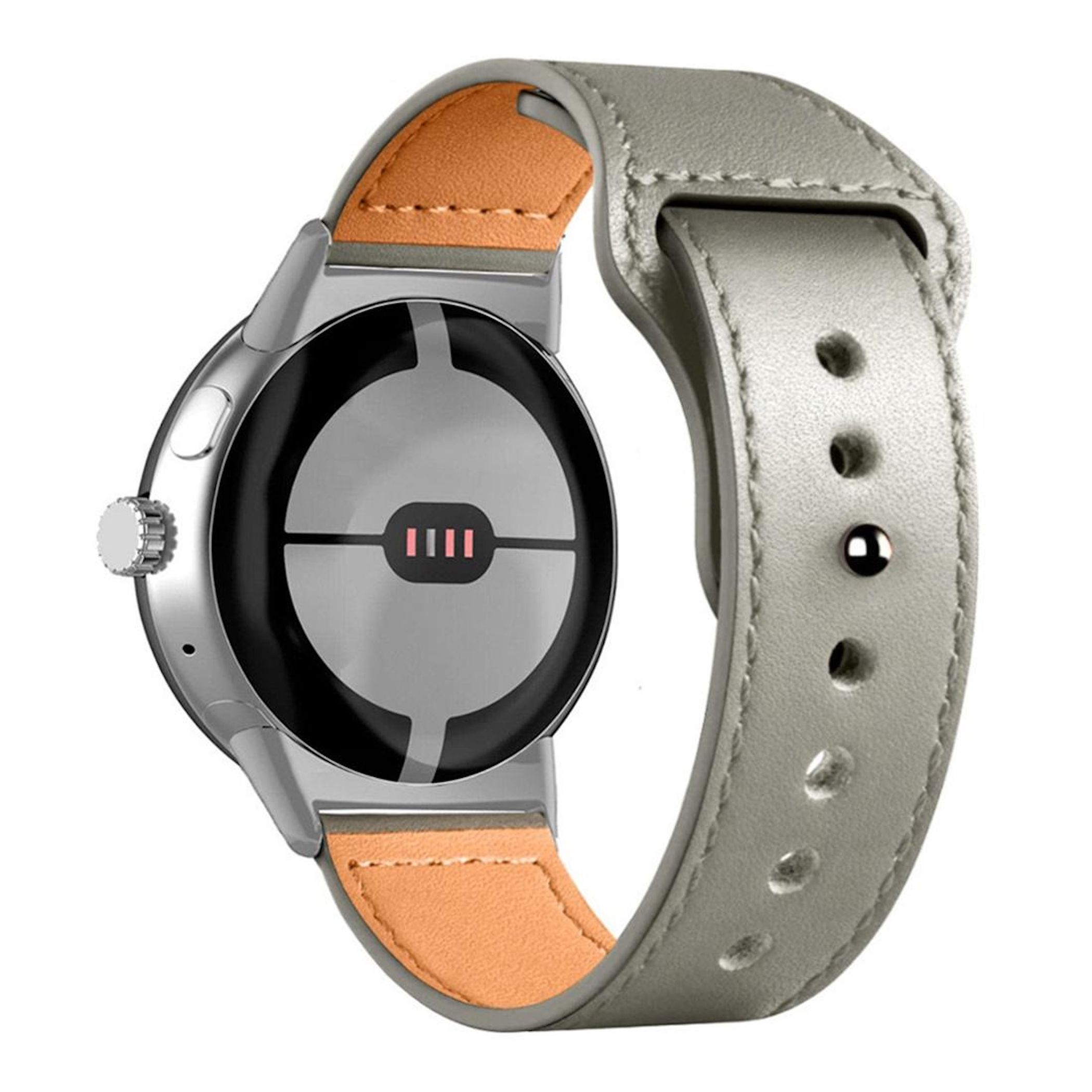 Graues Lederarmband mit orangefarbenem Futter an einer silbernen Smartwatch.