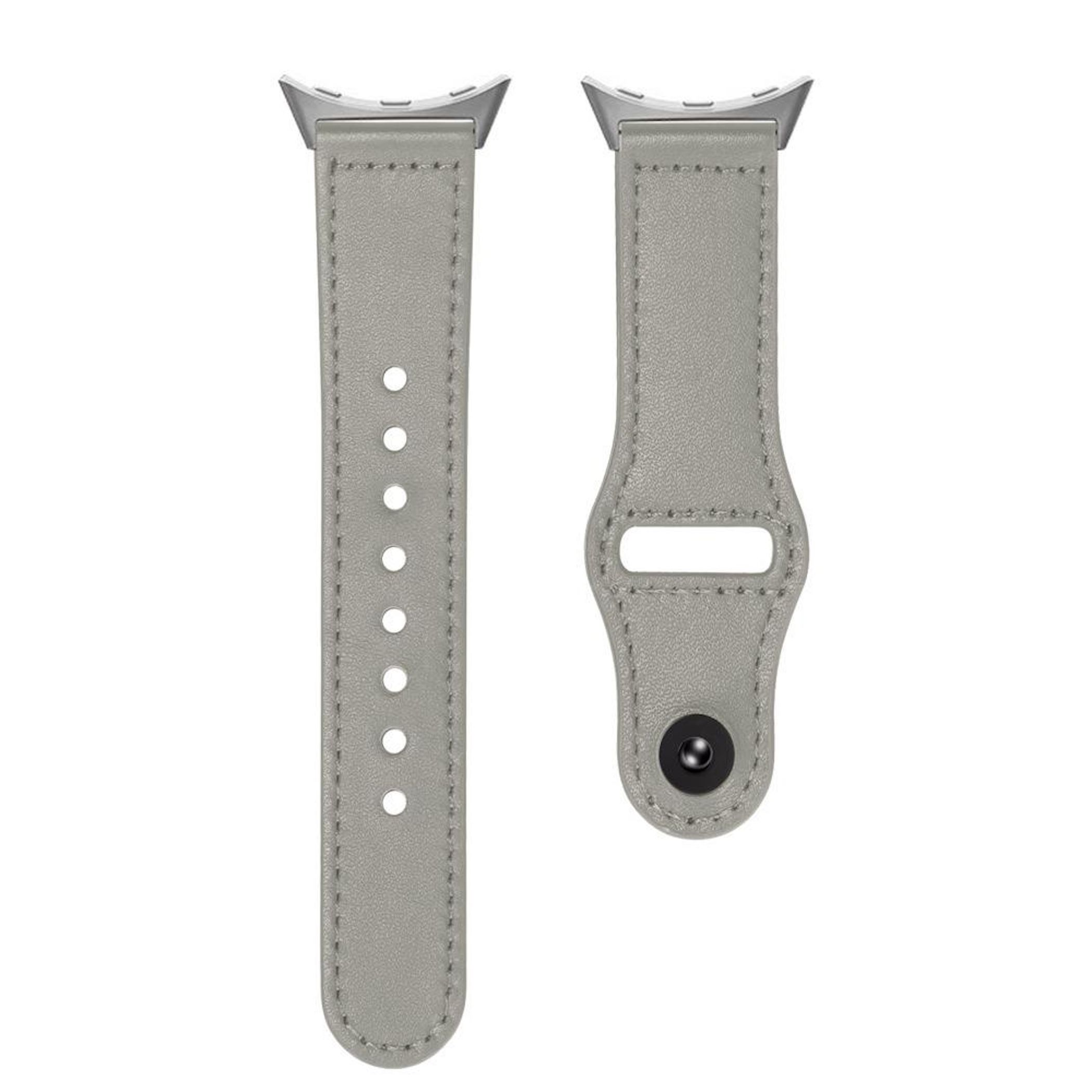Graues Lederarmband mit silbernen Anschlüssen und Nähten.