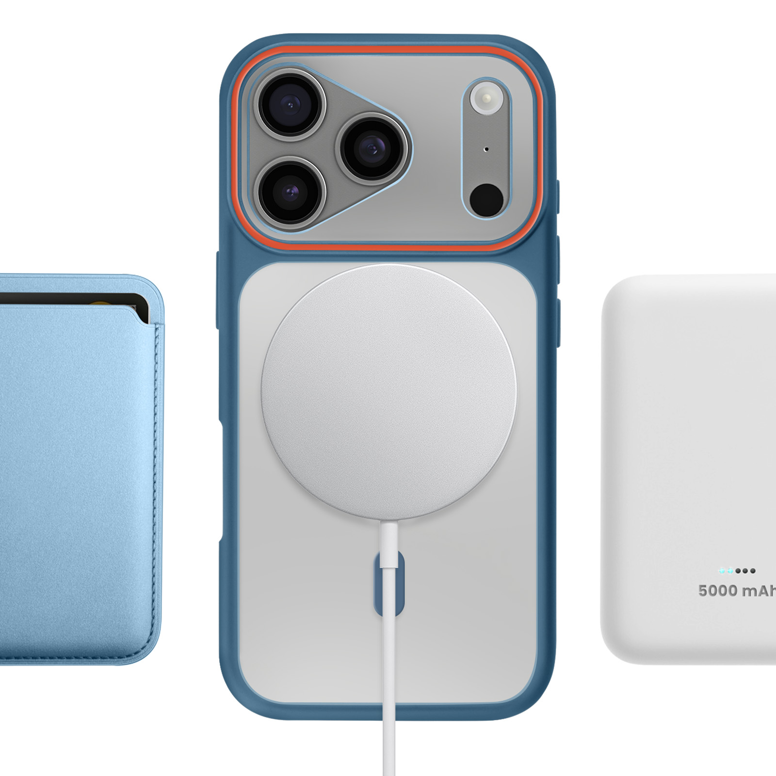 Een blauwe iPhone hoes met oranje accenten, een MagSafe lader en een witte powerbank.