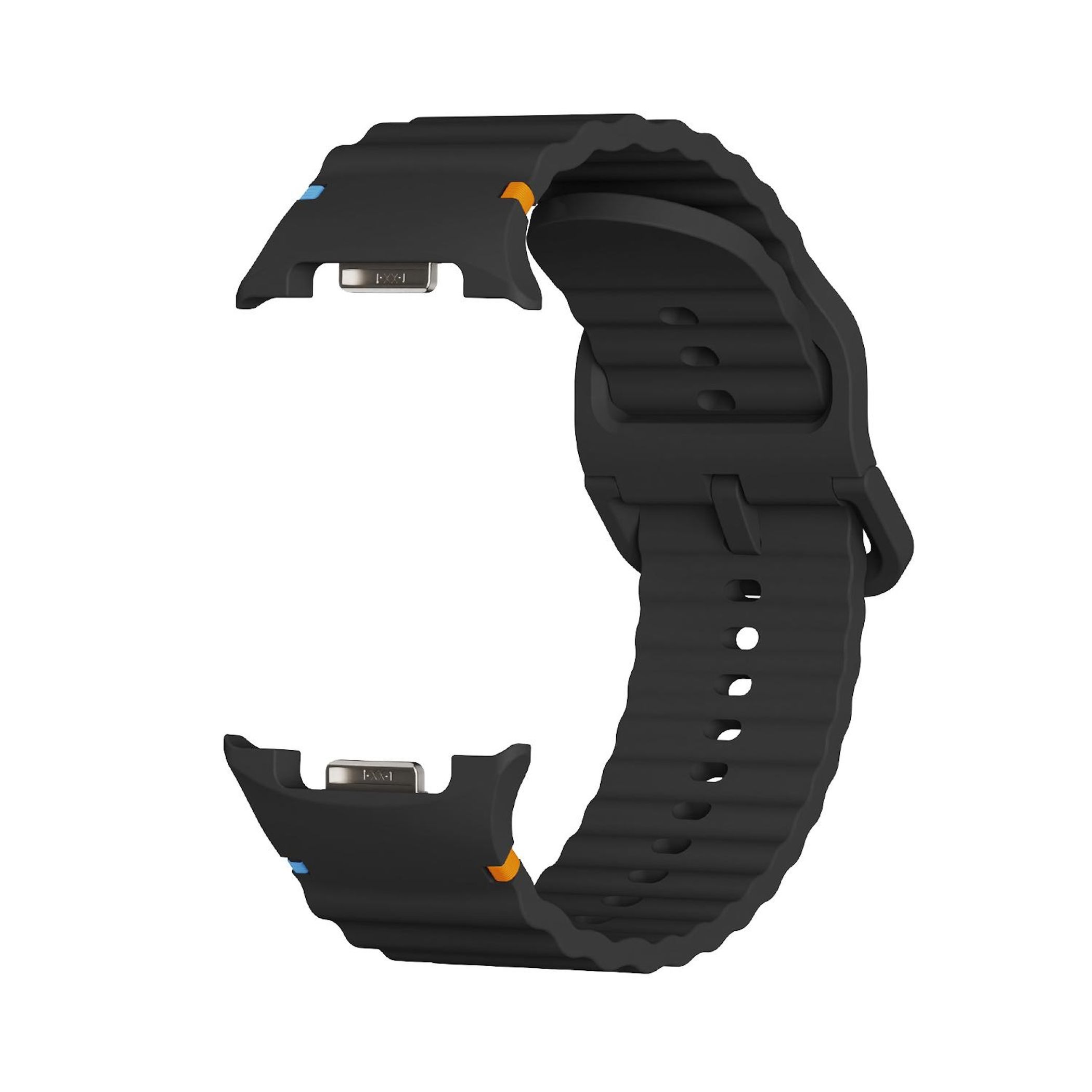 Schwarzes Uhrenarmband mit Rillen und silbernen Anschlüssen.