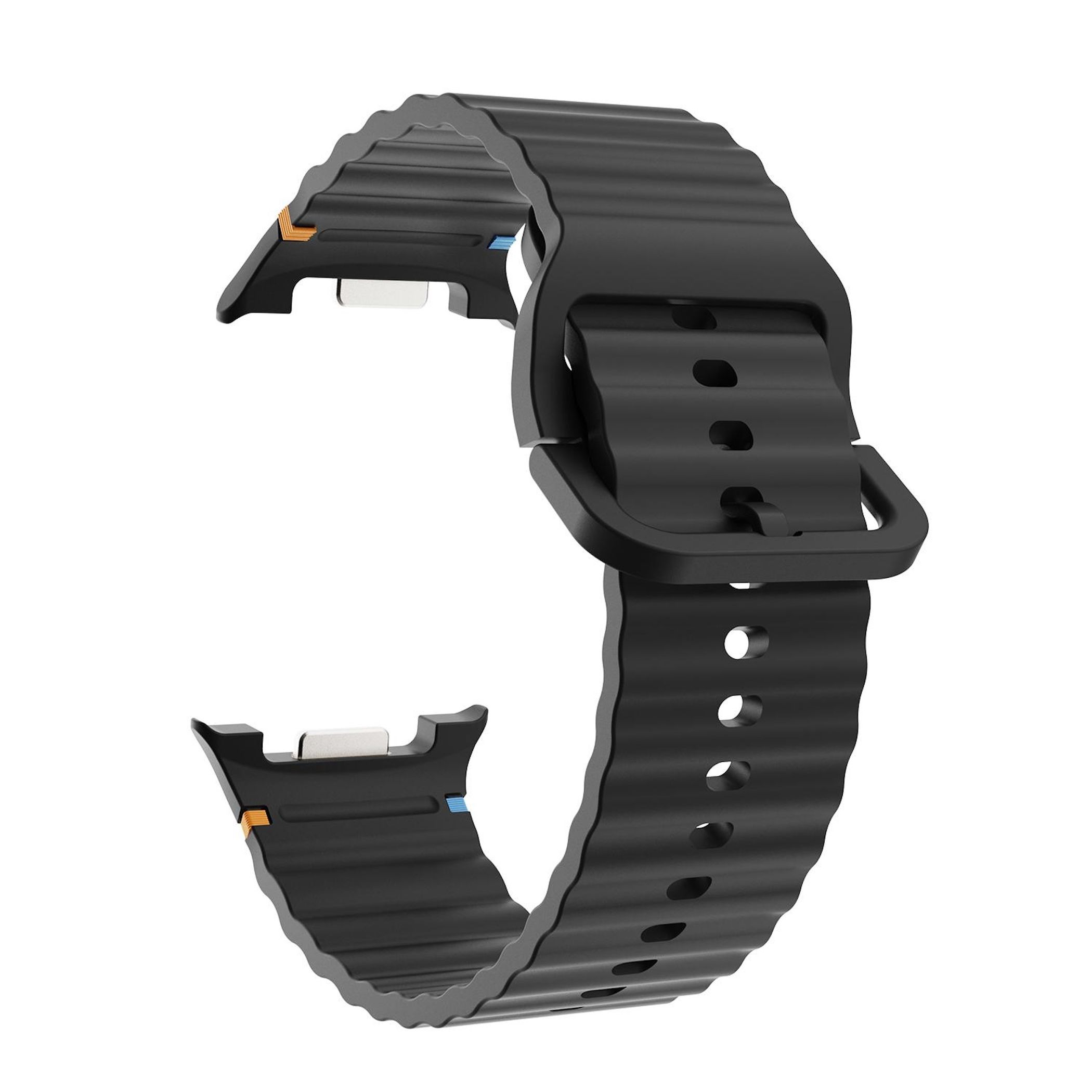 Schwarzes Armband mit Wellenmuster und Metallschnalle.
