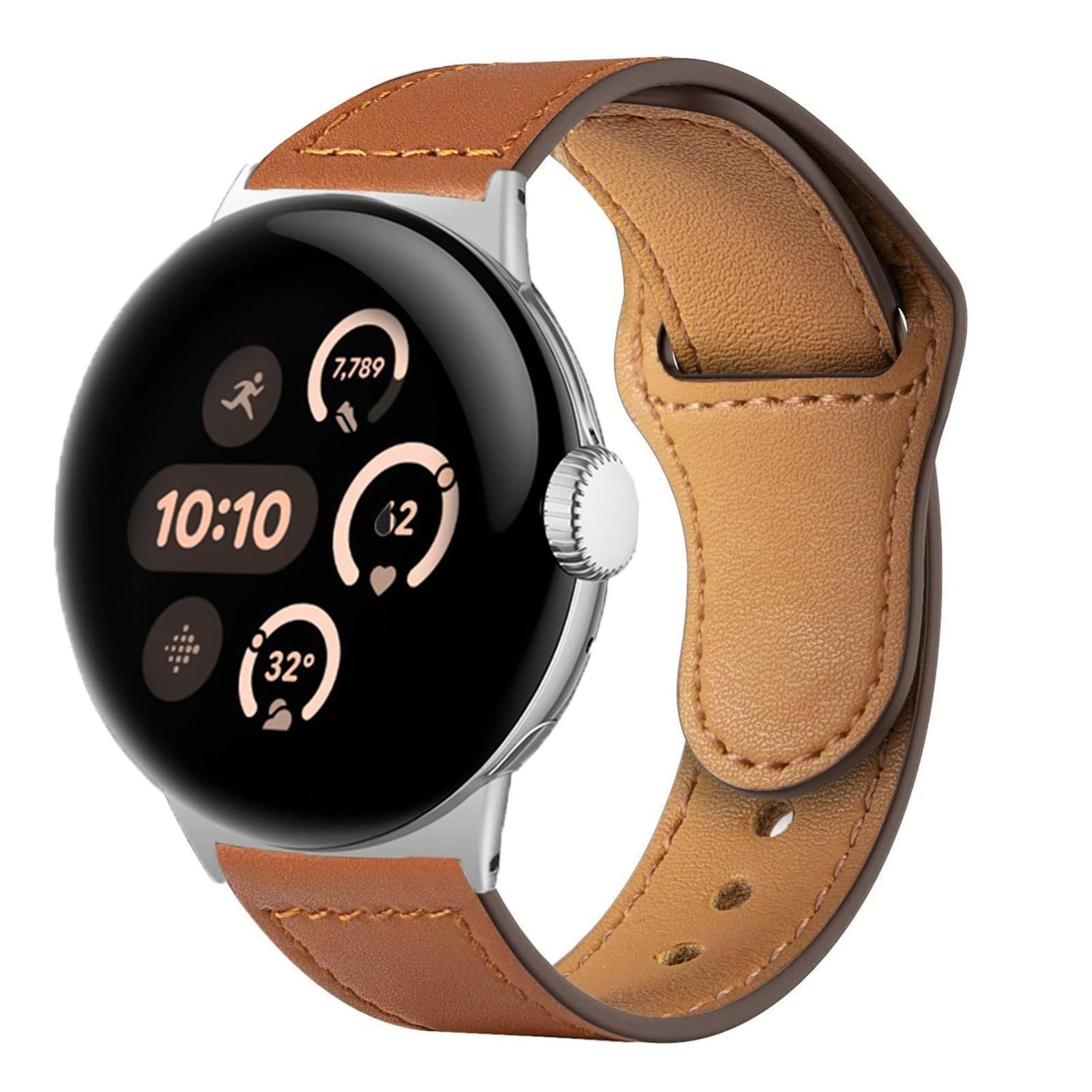 Rundes Smartwatch-Display mit braunem Lederarmband. Zeigt 10:10 Uhr an.