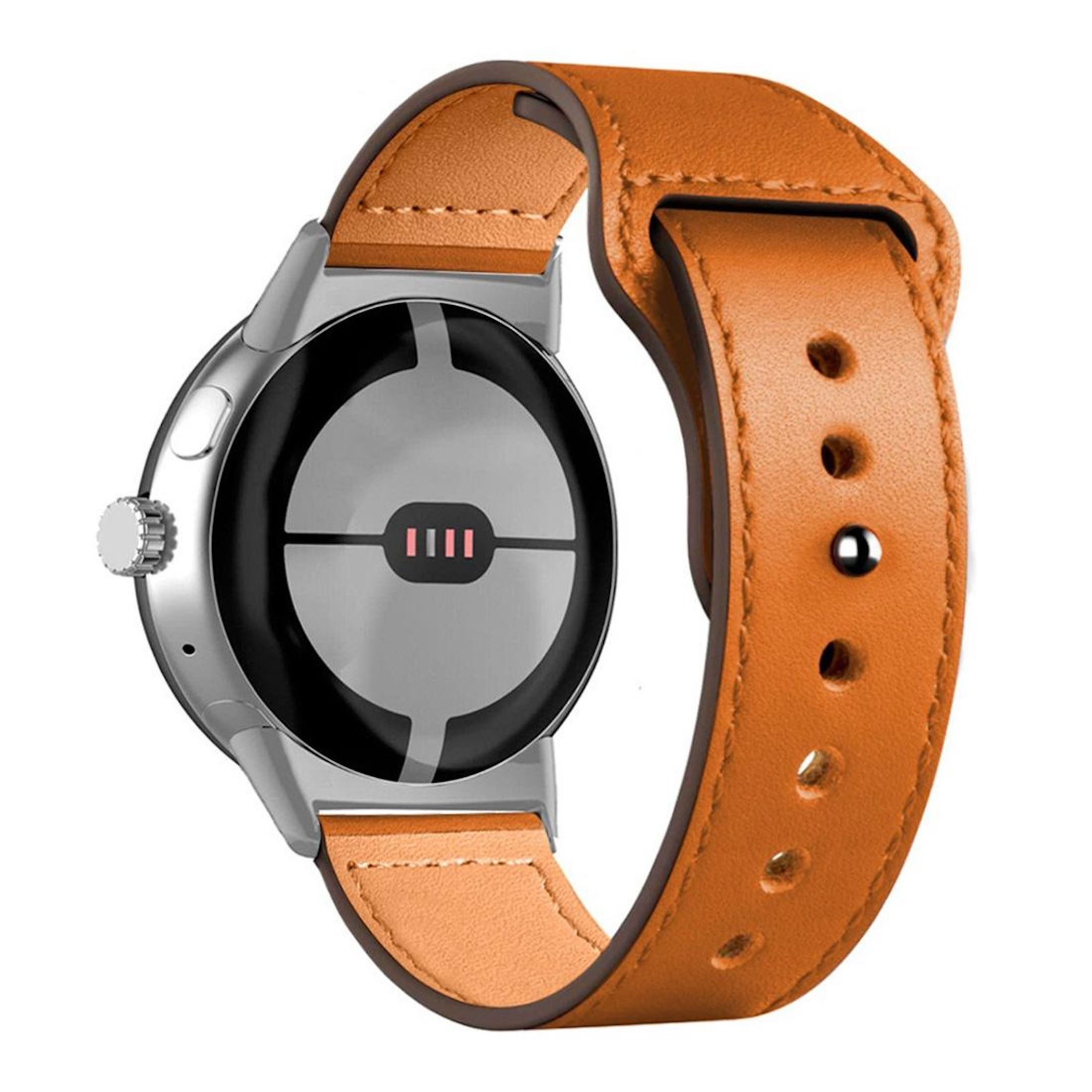 Nahaufnahme einer silbernen Smartwatch mit braunem Lederarmband und Knopf.