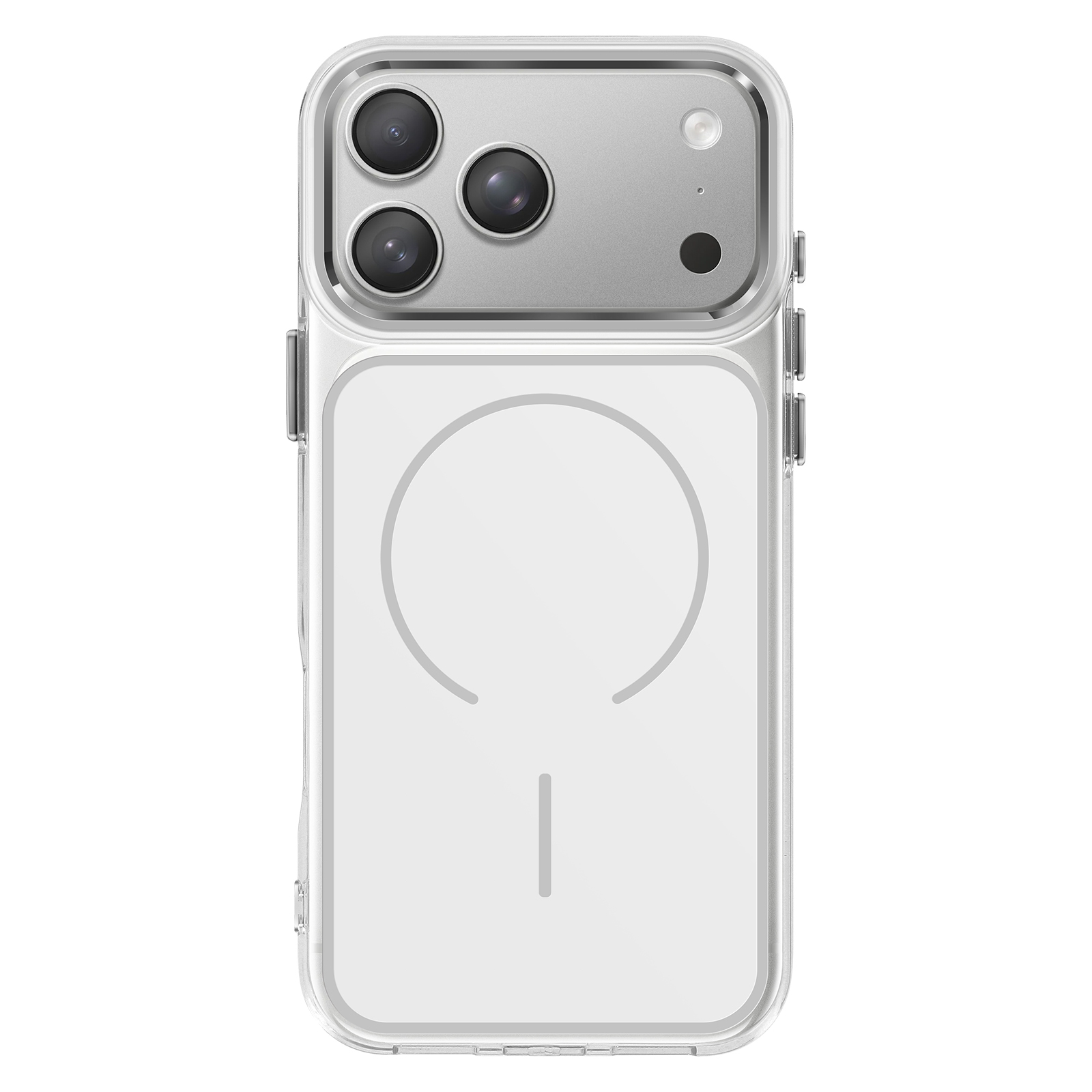 Coque transparente pour iPhone avec triple appareil photo et cercle de charge.