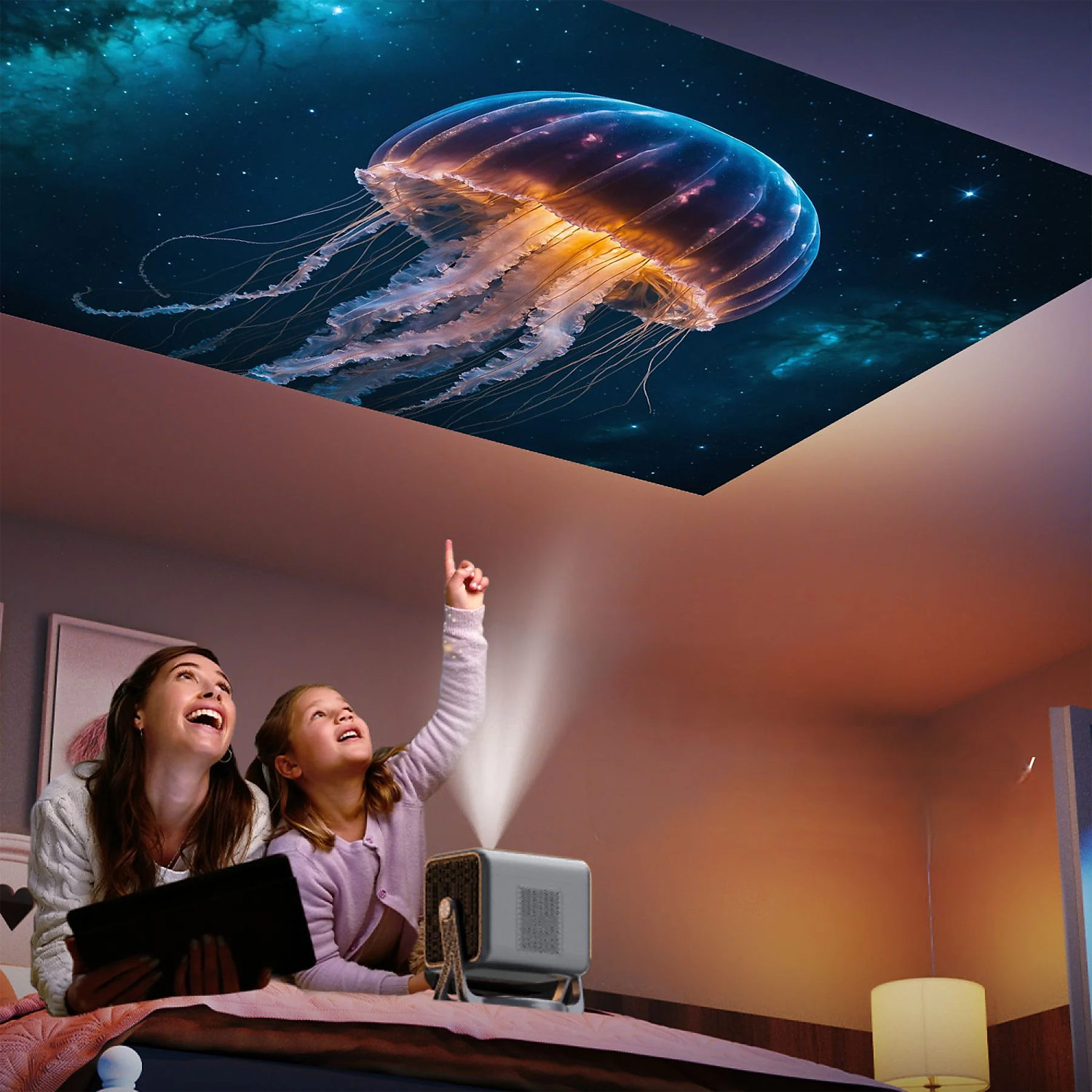 Mamma e bimba guardano meduse proiettate sul soffitto da un proiettore.