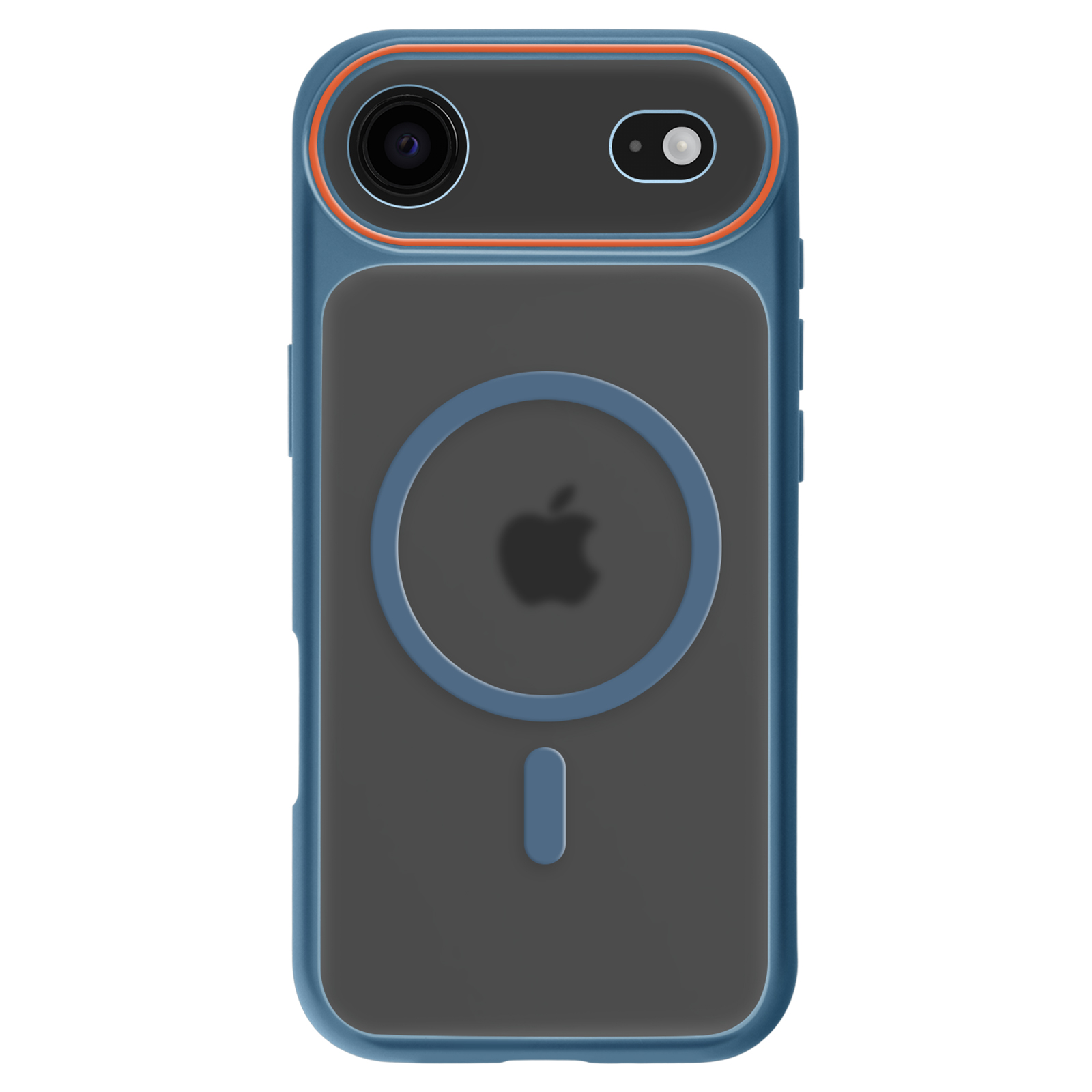 Een blauwe iPhone case met magnetische ring en Apple logo op de achterkant.