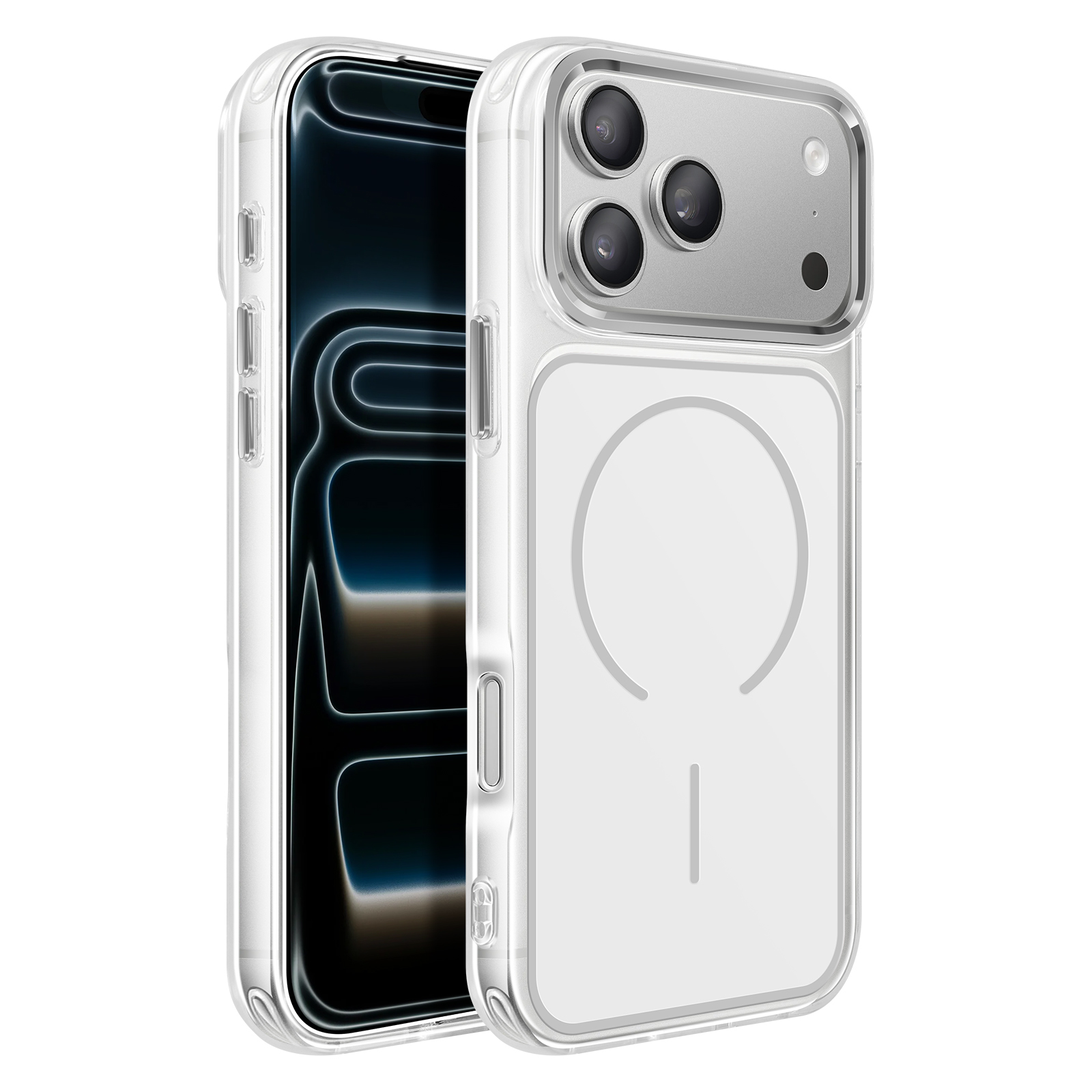 Une coque de téléphone transparente avec trois caméras et un indicateur de charge magnétique.