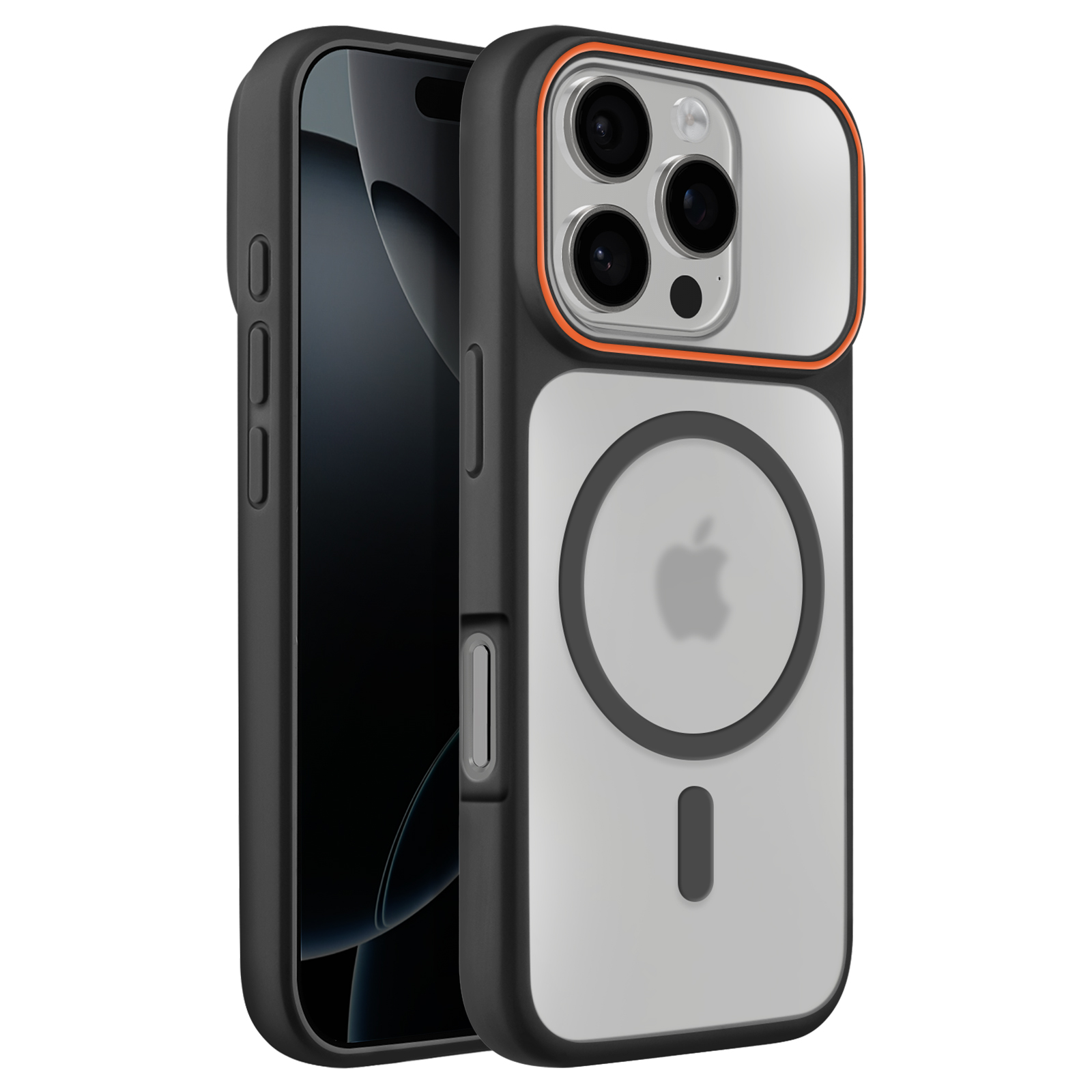Zwarte telefoonhoes met doorzichtige achterkant voor een iPhone met drie camera's.