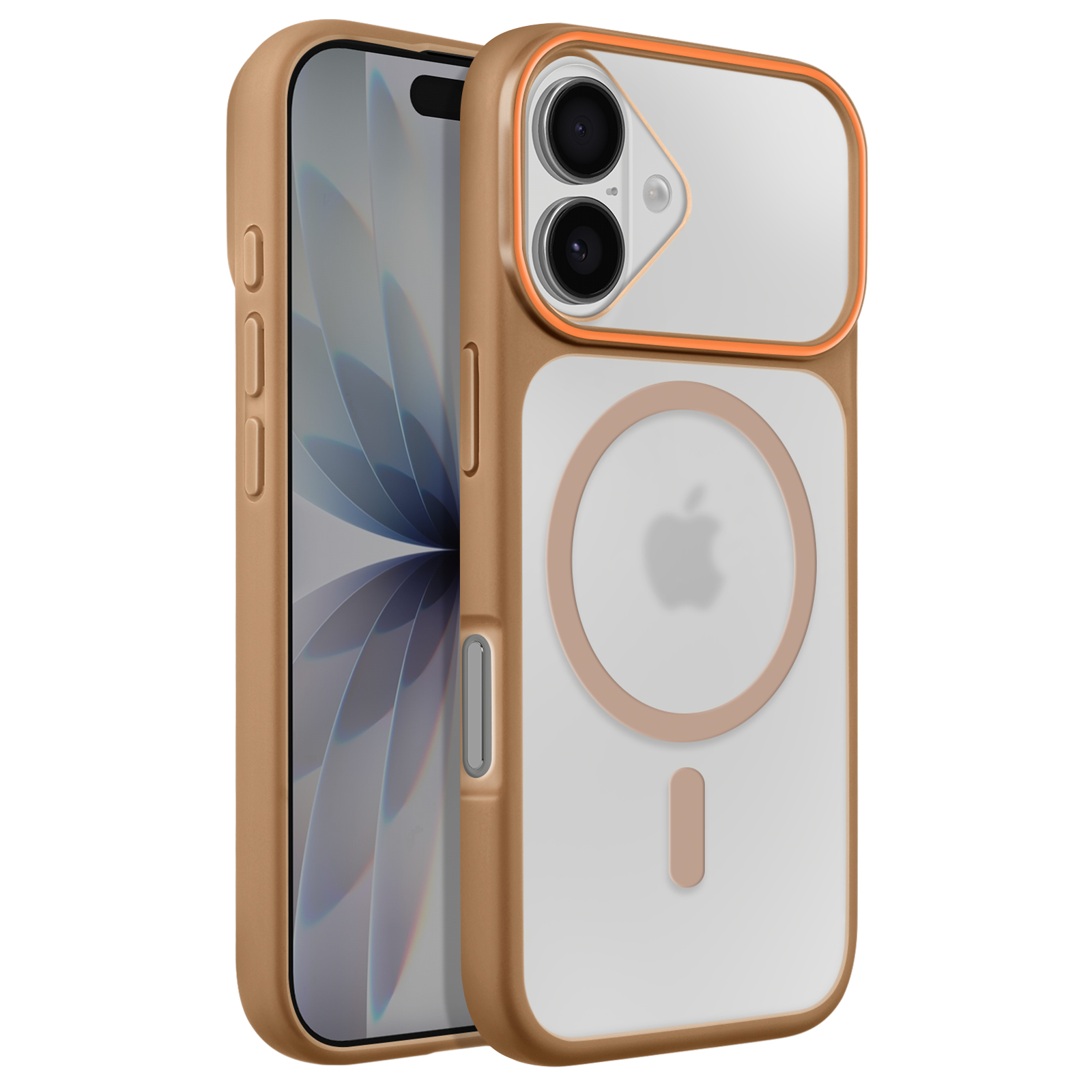 Une coque de téléphone dorée avec dos transparent et bordure orange.