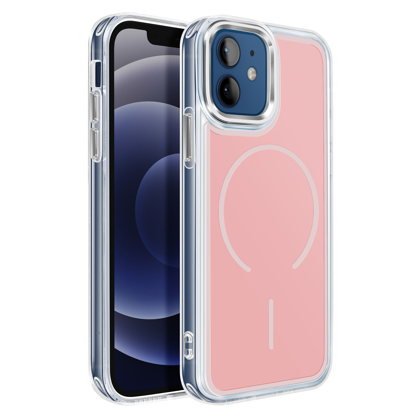 Une coque de téléphone rose à bords transparents montre un appareil photo et un écran.