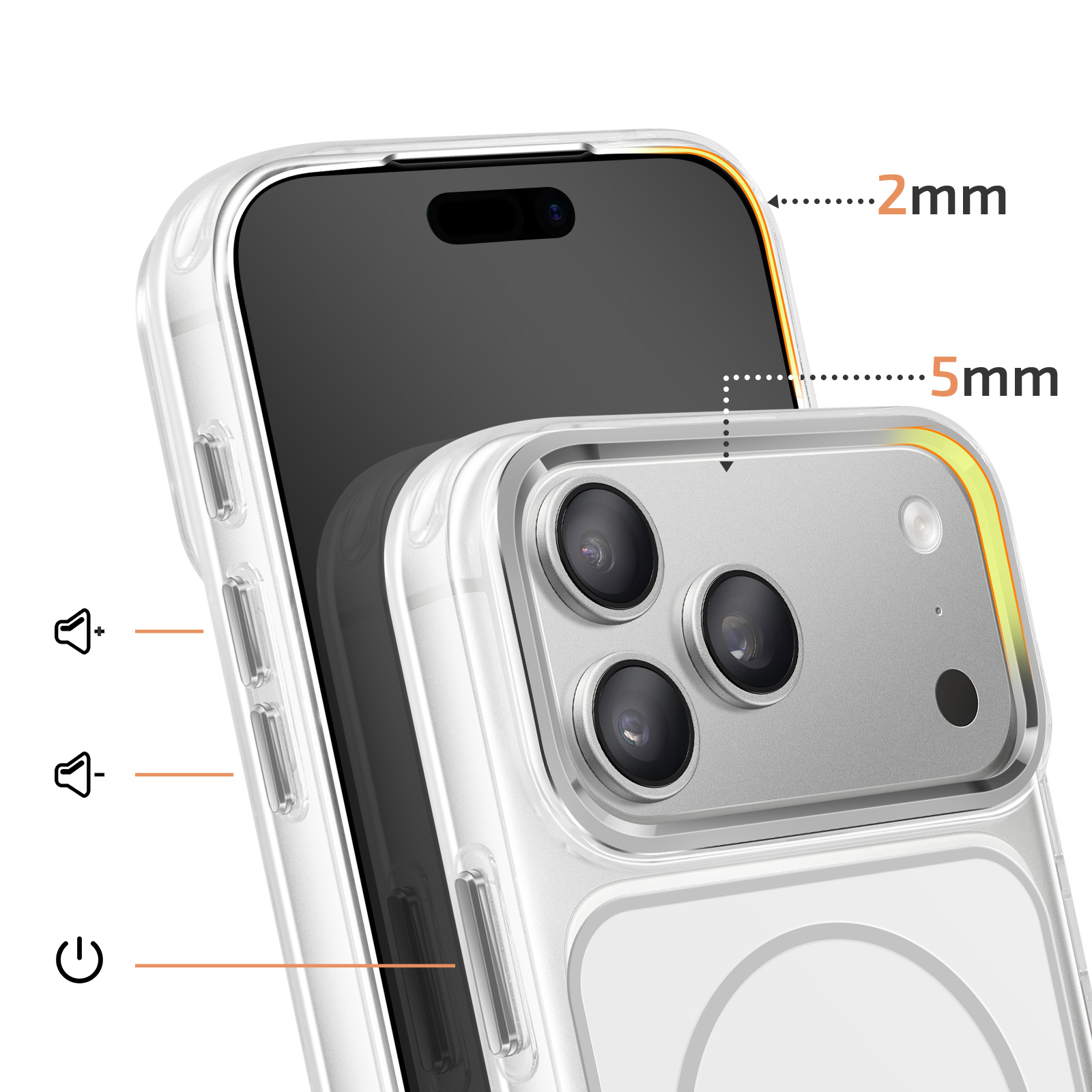 Coque de téléphone transparente montrant 2mm de protection avant et 5mm arrière.