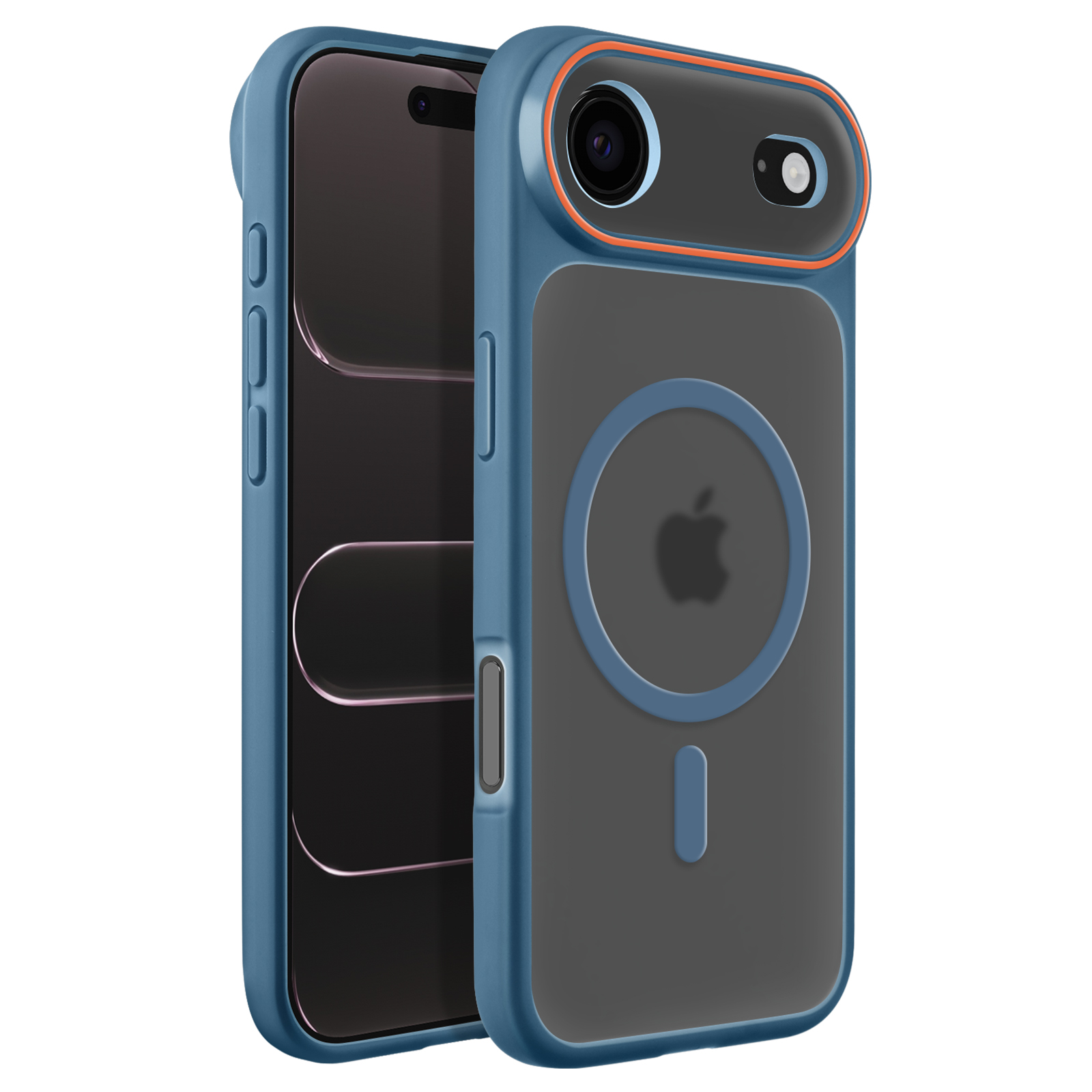 Een blauwe iPhone met MagSafe hoes die de cameramodule toont.