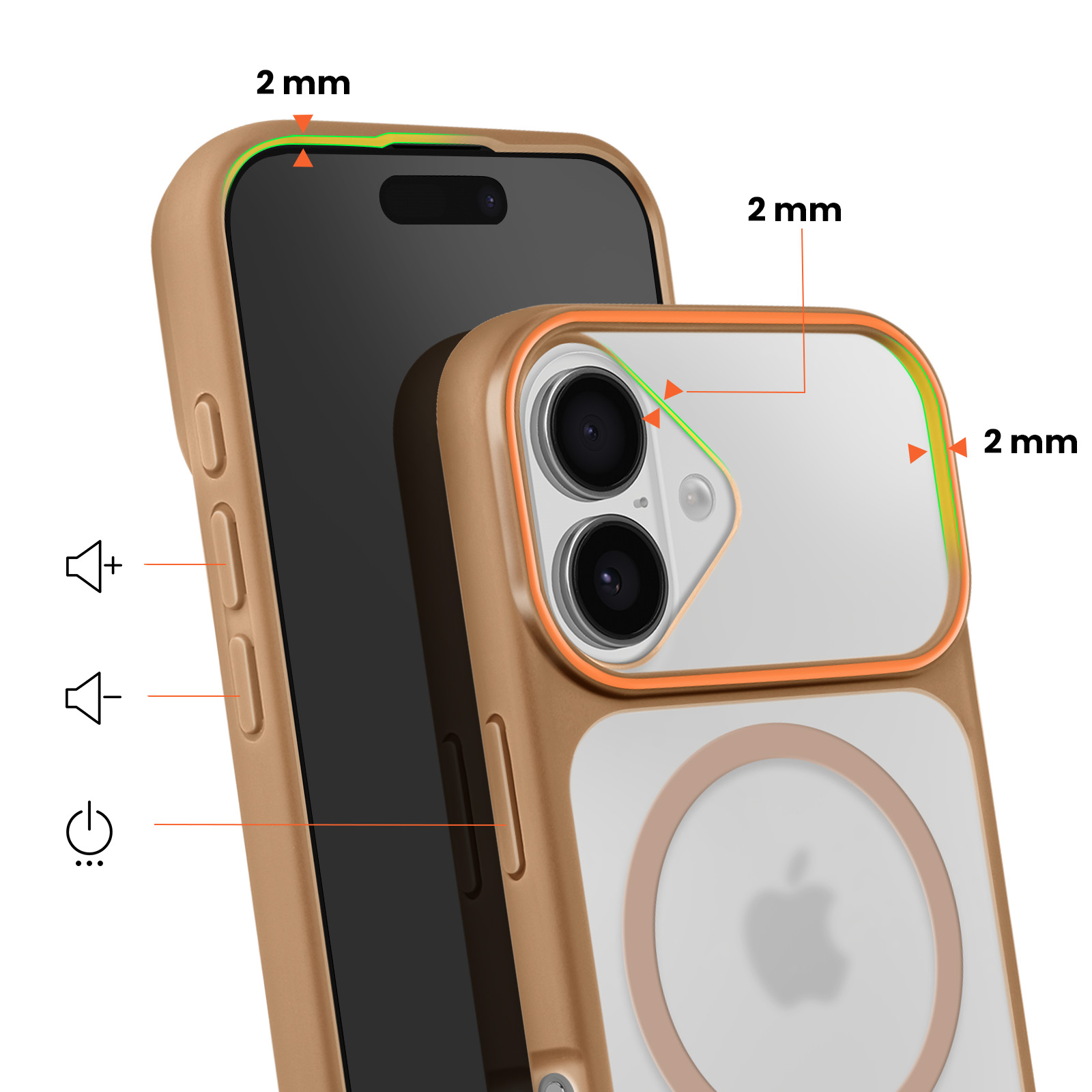 Une coque de téléphone dorée avec un dos transparent montrant le logo Apple.