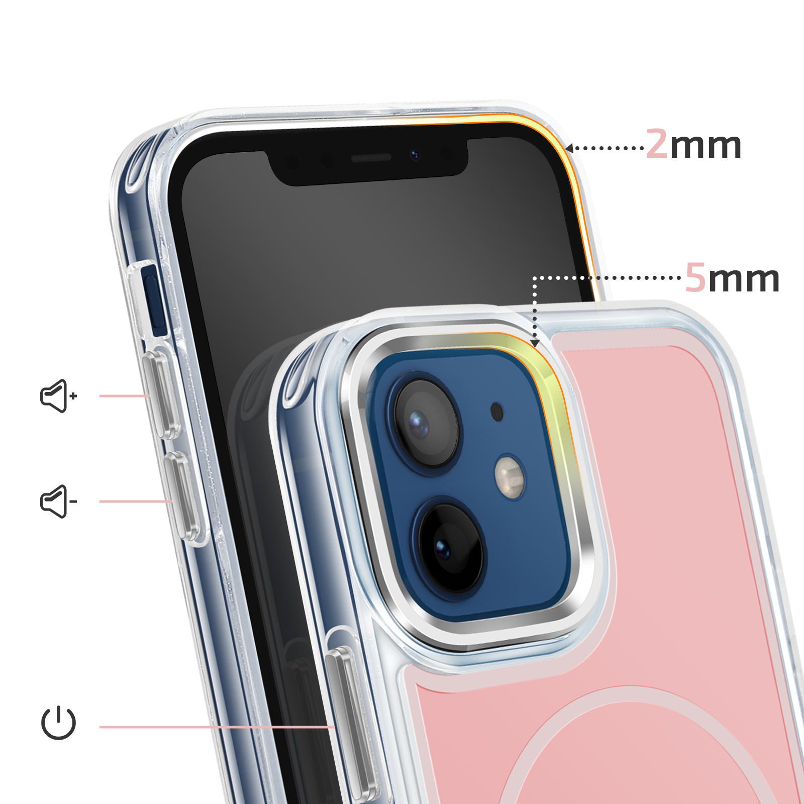 Une coque de téléphone transparente avec dos rose et lentilles.