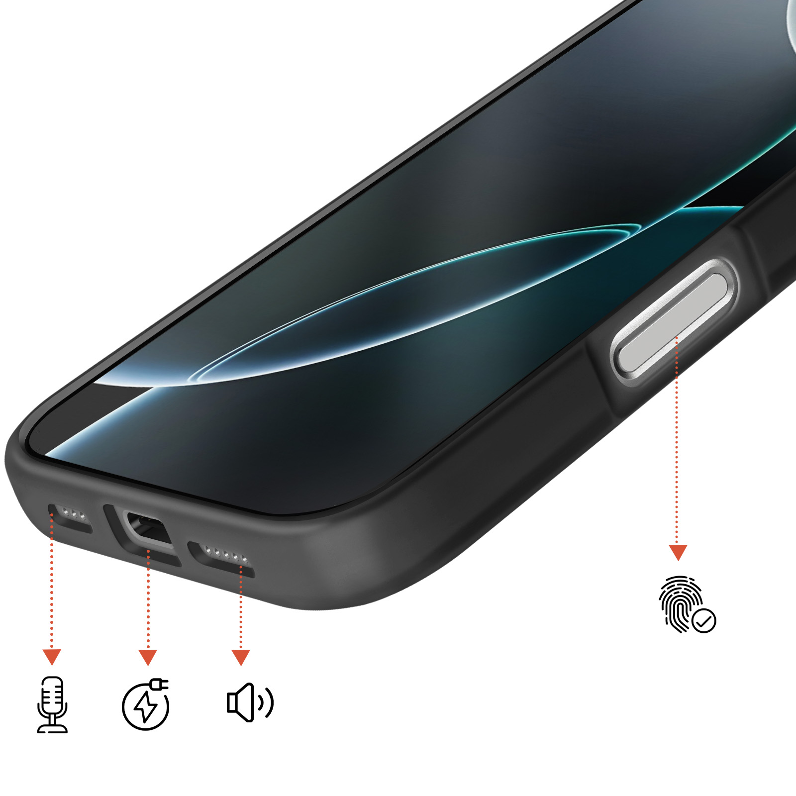 Zwarte telefoonhoes met icoontjes voor microfoon, opladen, luidspreker en vingerafdruk.