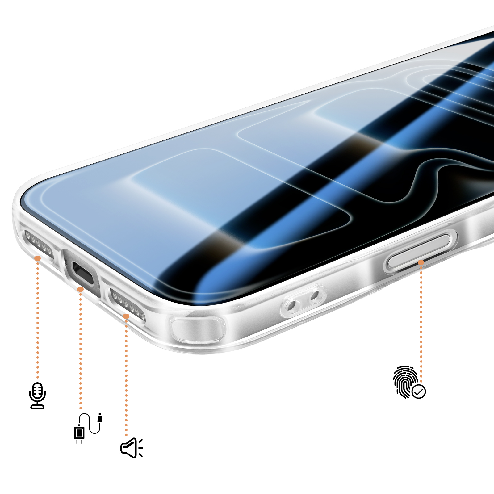 Une coque de téléphone transparente avec des indicateurs pour le microphone, le port de charge, le haut-parleur et le capteur.