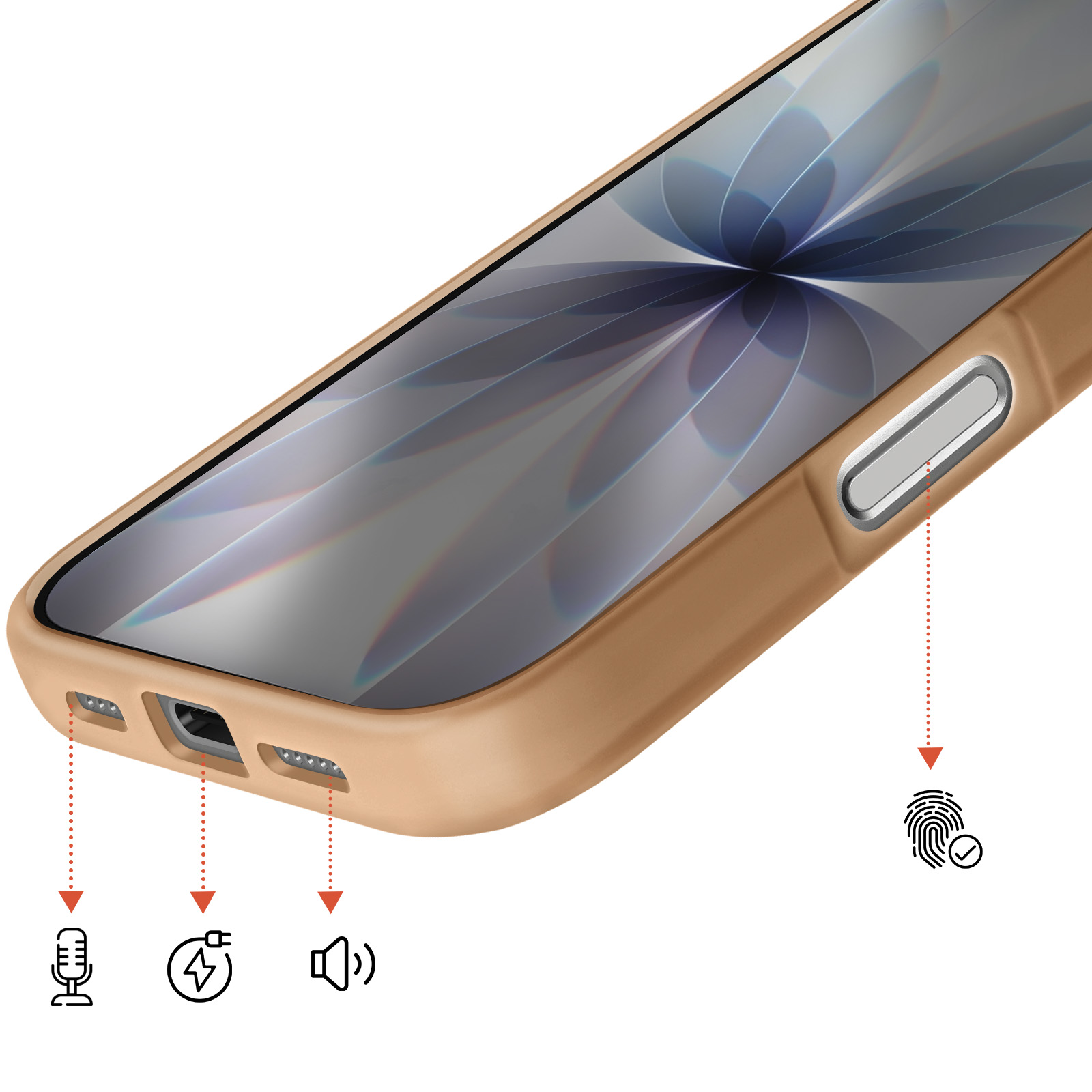 Coque dorée de téléphone montrant les ports pour micro, chargeur, haut-parleur et capteur d'empreintes.