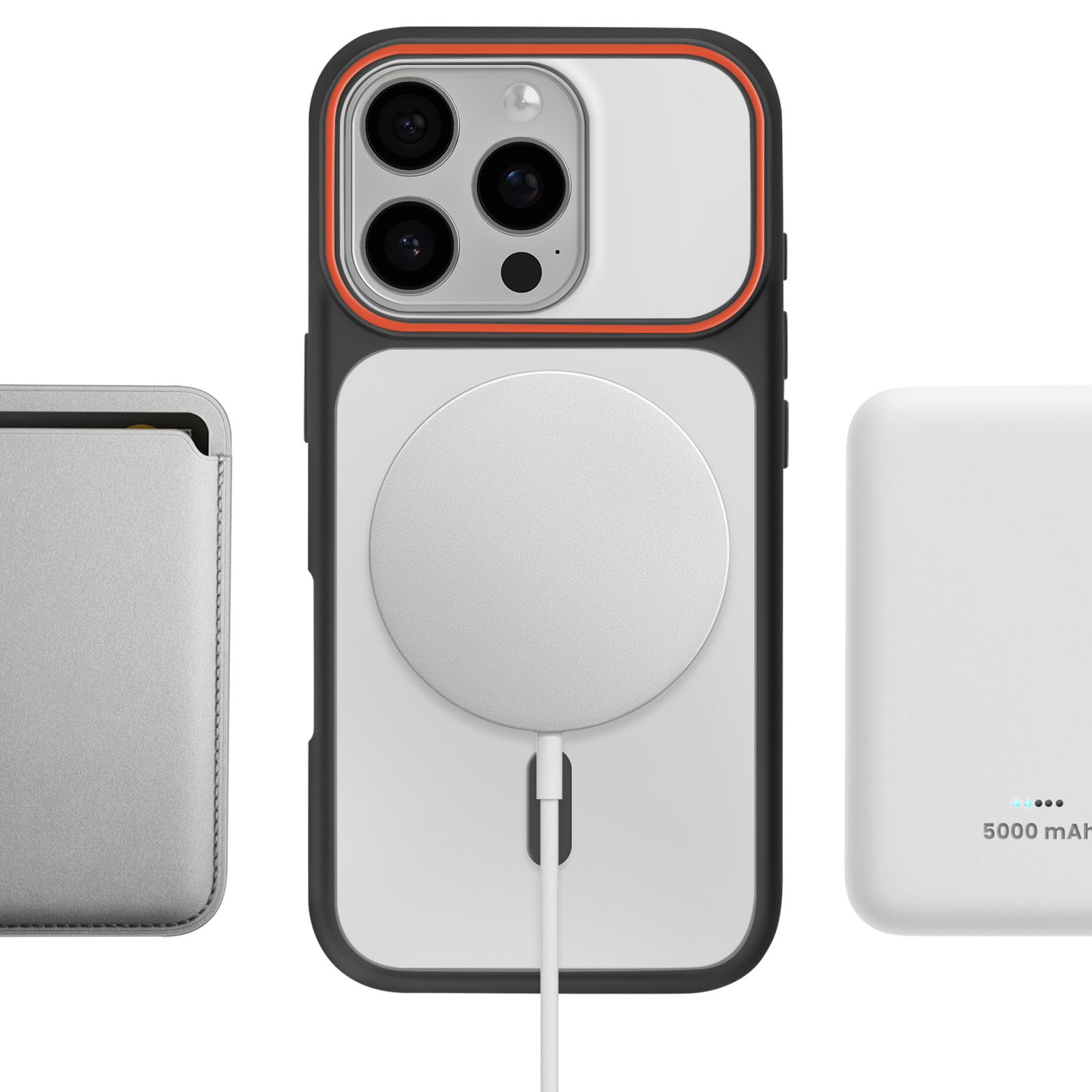 Een iPhone met hoesje, laadplaat en powerbank.
