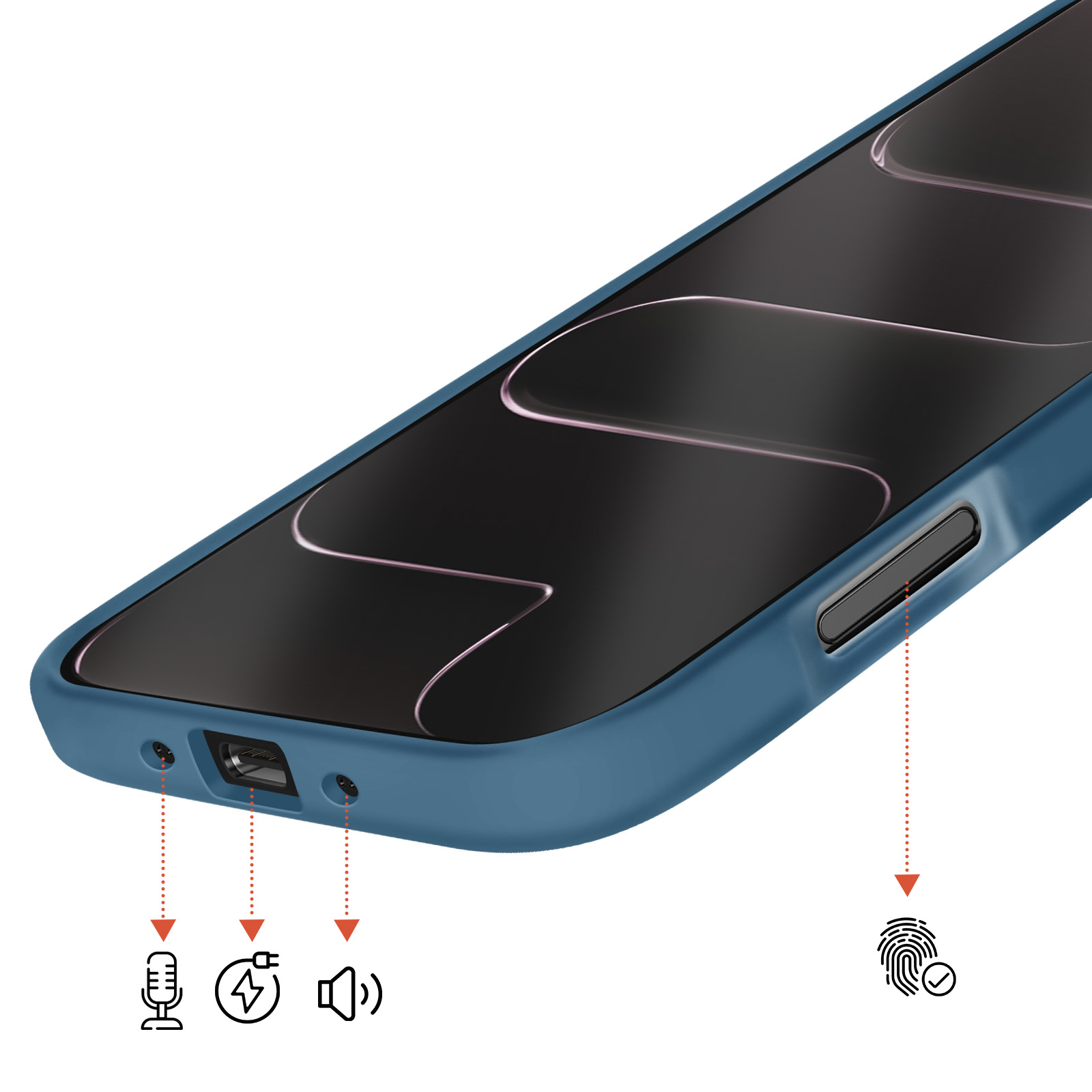 Blauw telefoonhoesje met pictogrammen voor microfoon, oplaadpoort en luidspreker.