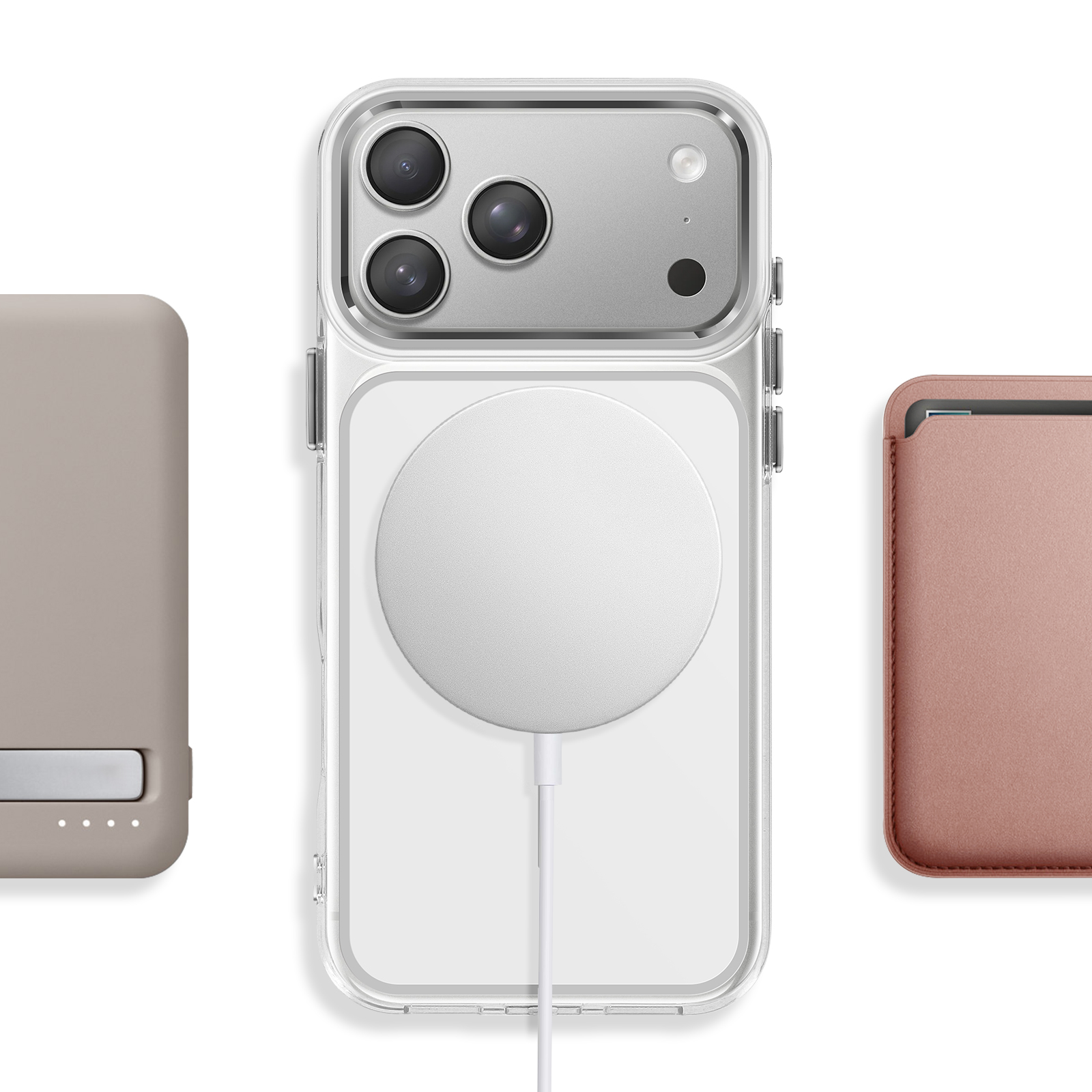 Trois accessoires pour téléphone : une batterie externe grise, une coque transparente avec cercle de charge et un porte-cartes rose.