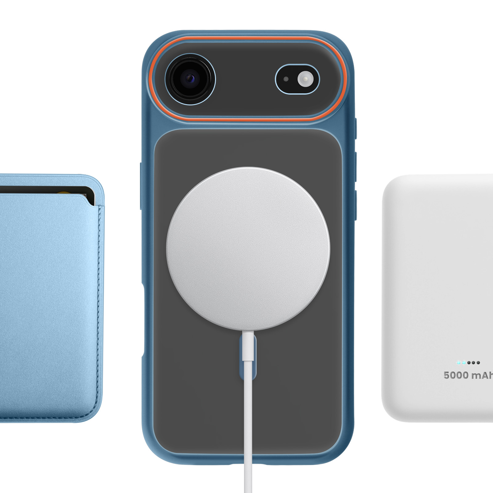 Een blauwe telefoonhoes met MagSafe, een blauwe kaarthouder en een witte powerbank.