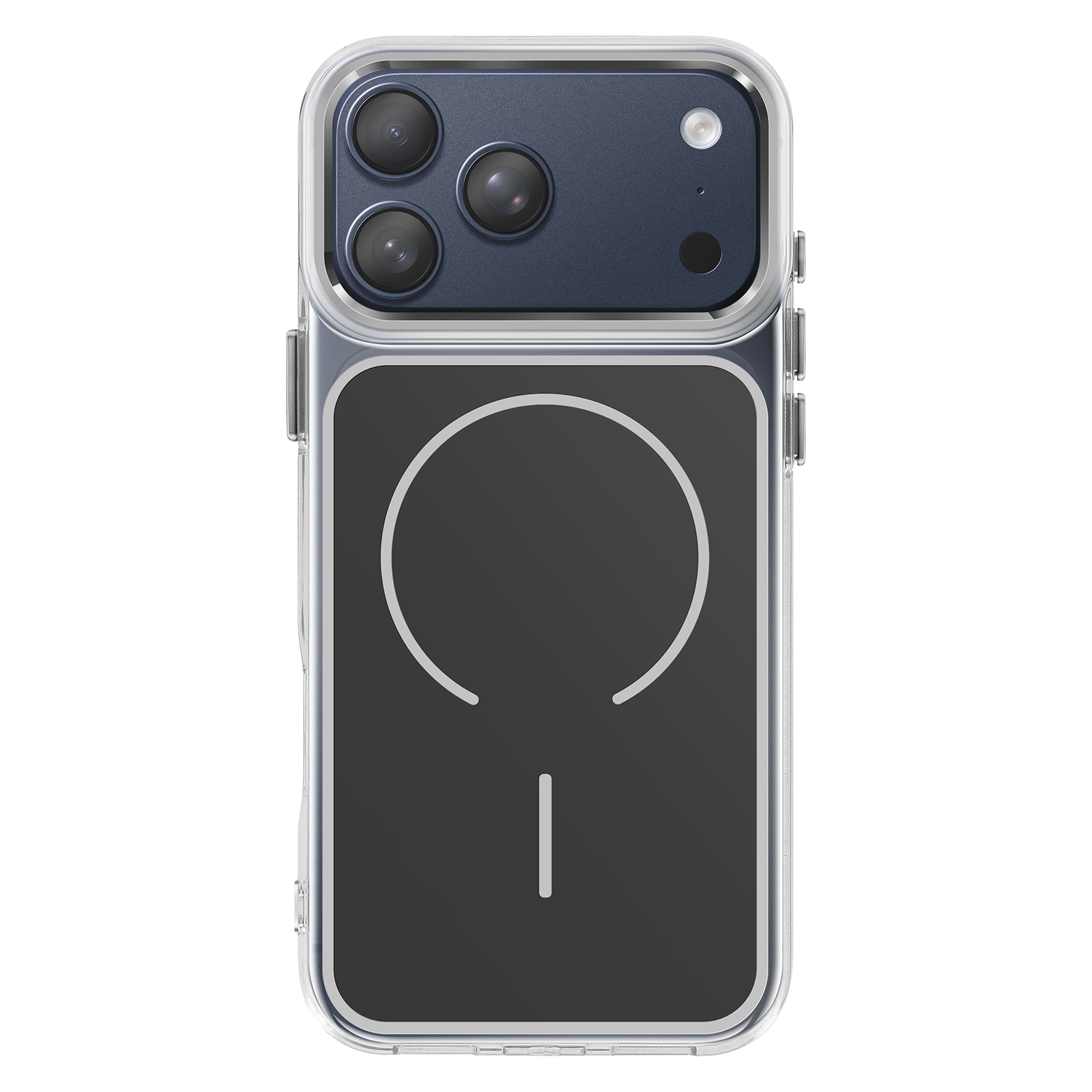 Une coque de téléphone transparente montrant trois caméras sur fond bleu foncé.