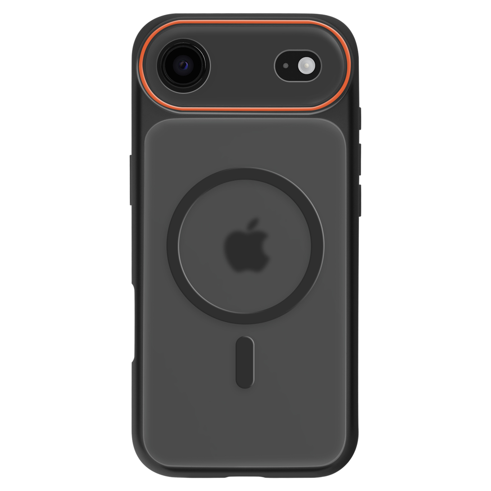 Donkergrijs telefoonhoesje met oranje rand, camera en flitser.