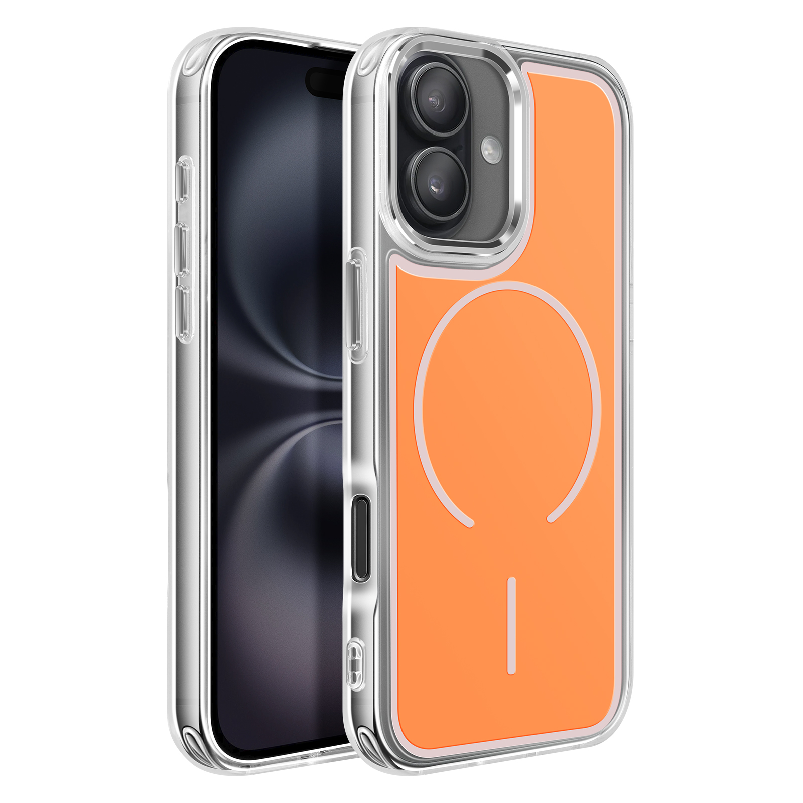 Une coque de téléphone transparente avec un insert orange et des caméras.