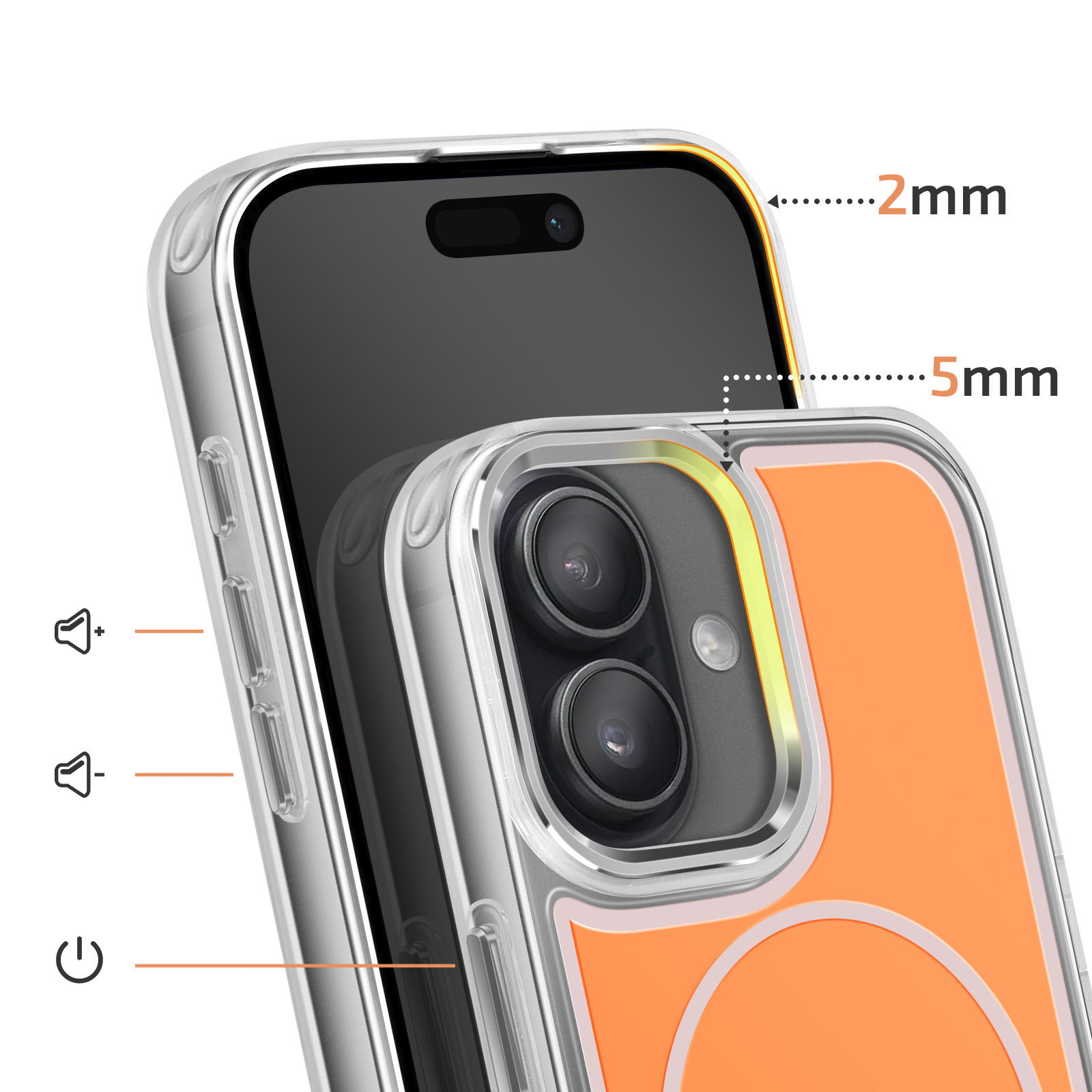 Coque de téléphone transparente avec accent orange, montrant caméra et boutons.