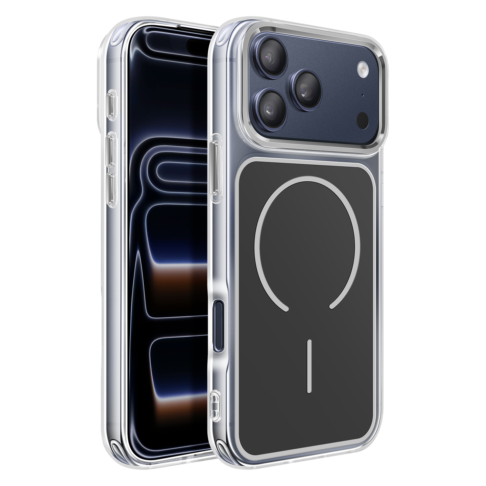 Une coque de téléphone transparente avec dos noir et trois caméras.