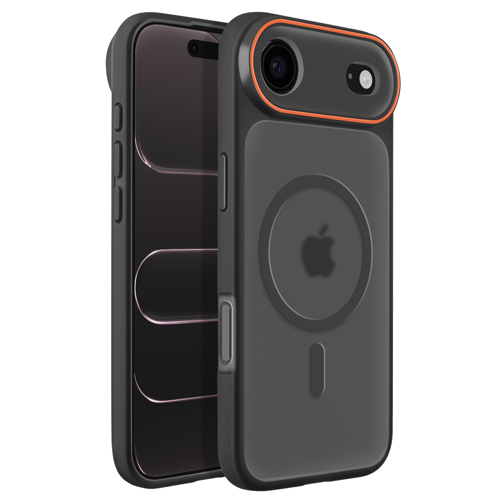 Een zwarte iPhone met een oranje ring rond de camera.