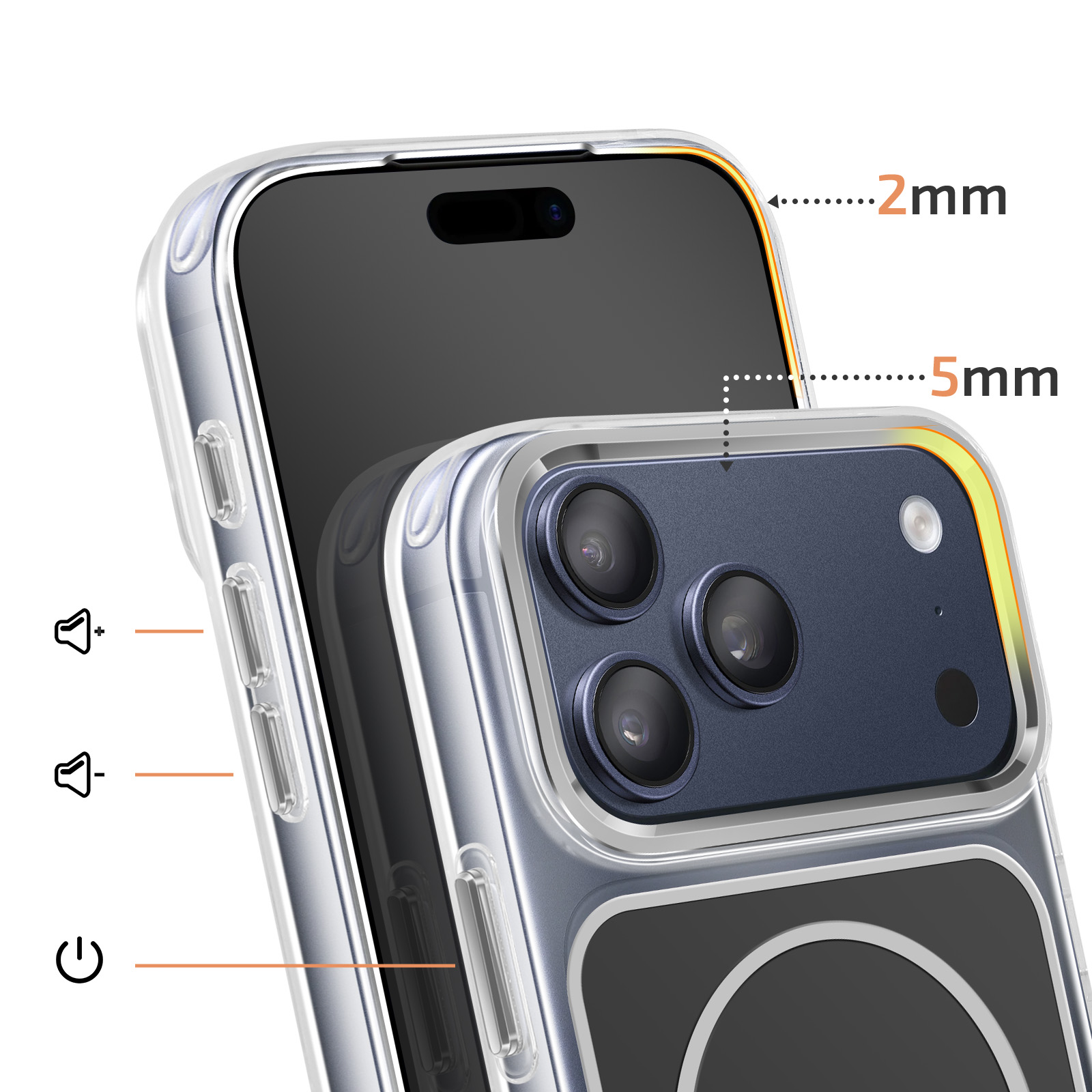 Une coque de téléphone transparente montrant les détails de l'appareil photo et les mesures.