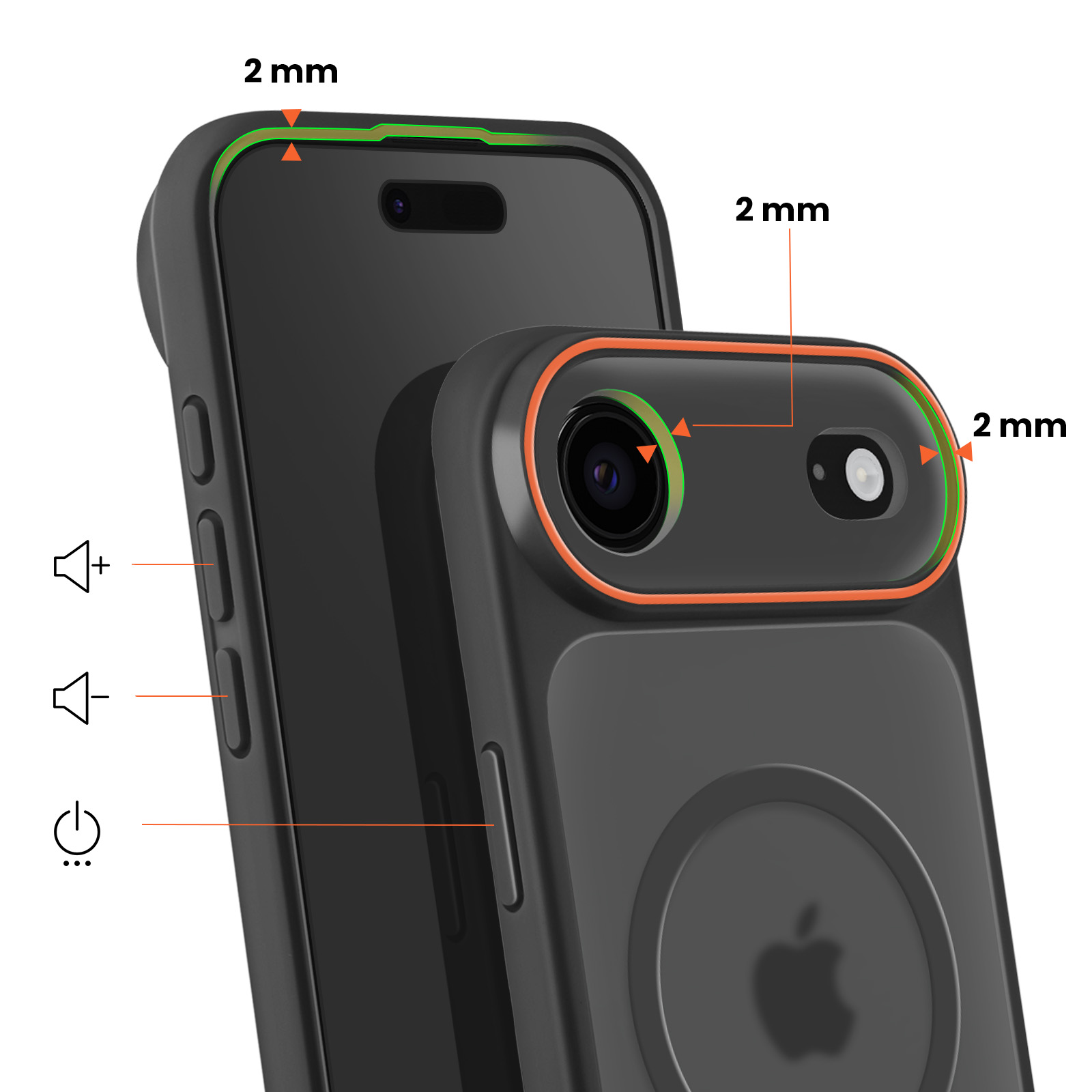 Zwarte telefoon met beschermhoes, camera's en 2 mm rand gemarkeerd.