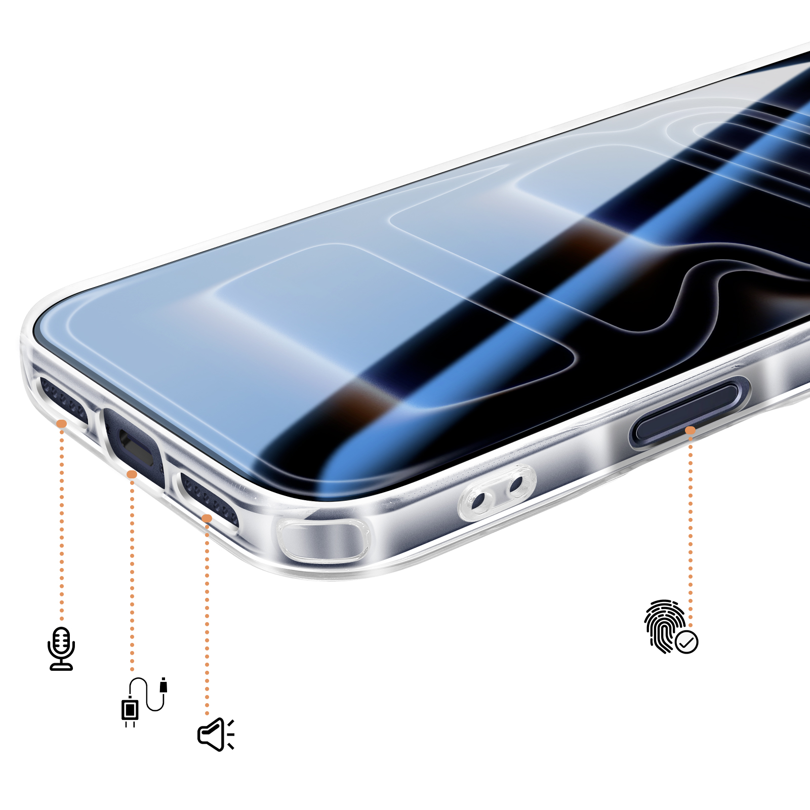 Coque transparente avec découpes pour micro, port de charge et haut-parleur.