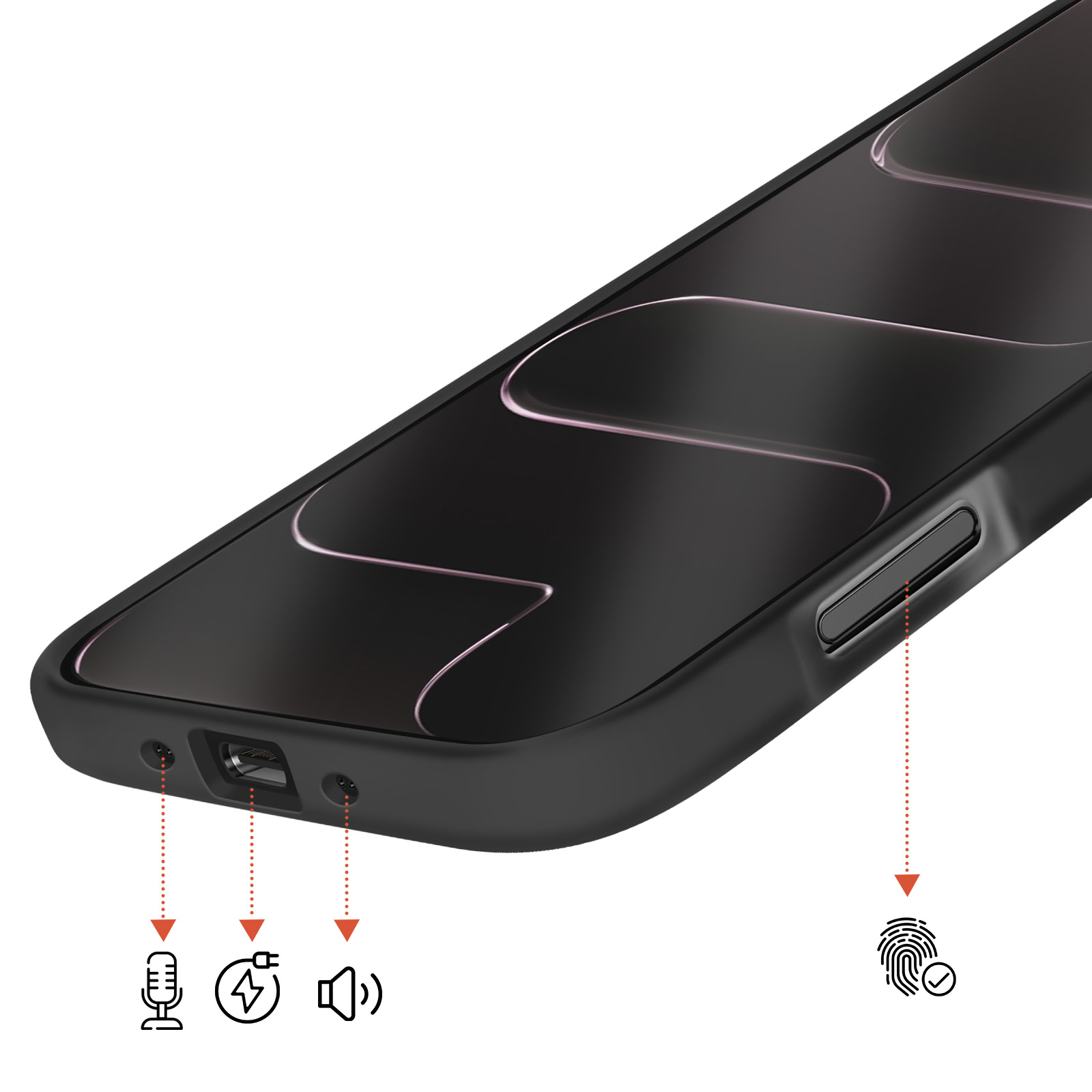 Zwarte telefoonhoes met pictogrammen voor microfoon, opladen, luidspreker en vingerafdruk.