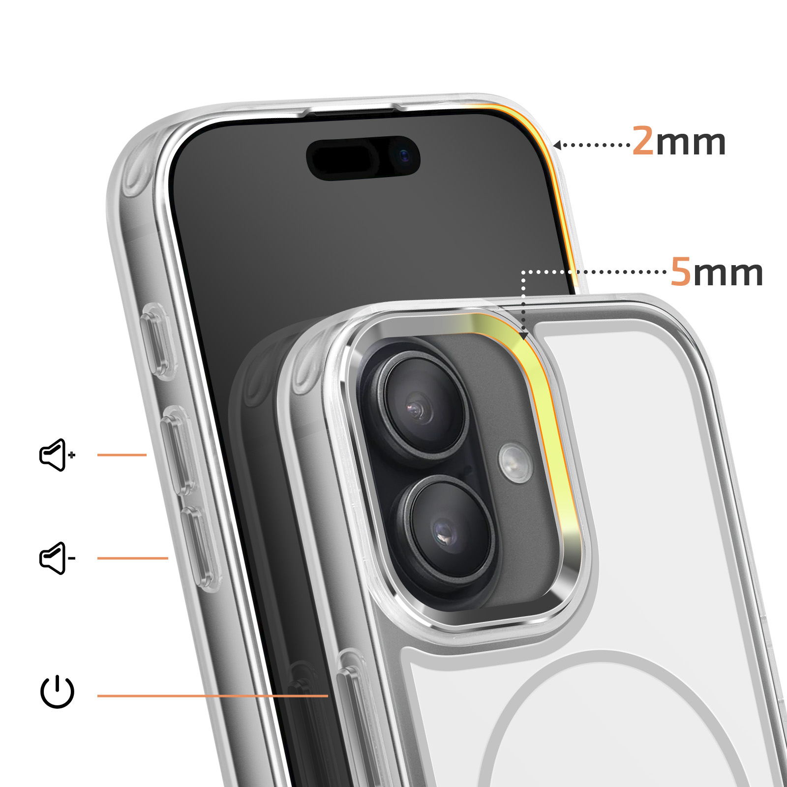 Transparante telefoonhoes met camera, volume- en aan/uitknoppen.