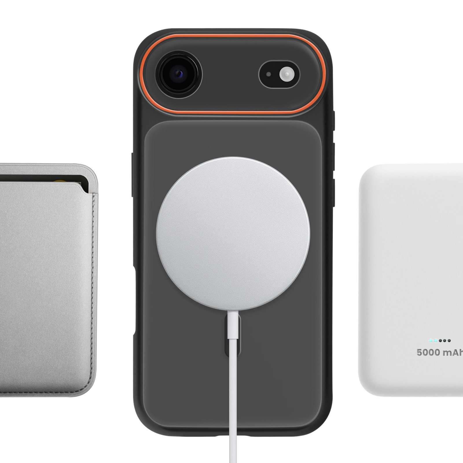 Een grijze kaarthouder, een zwarte telefoon met magnetische lader en een witte powerbank.