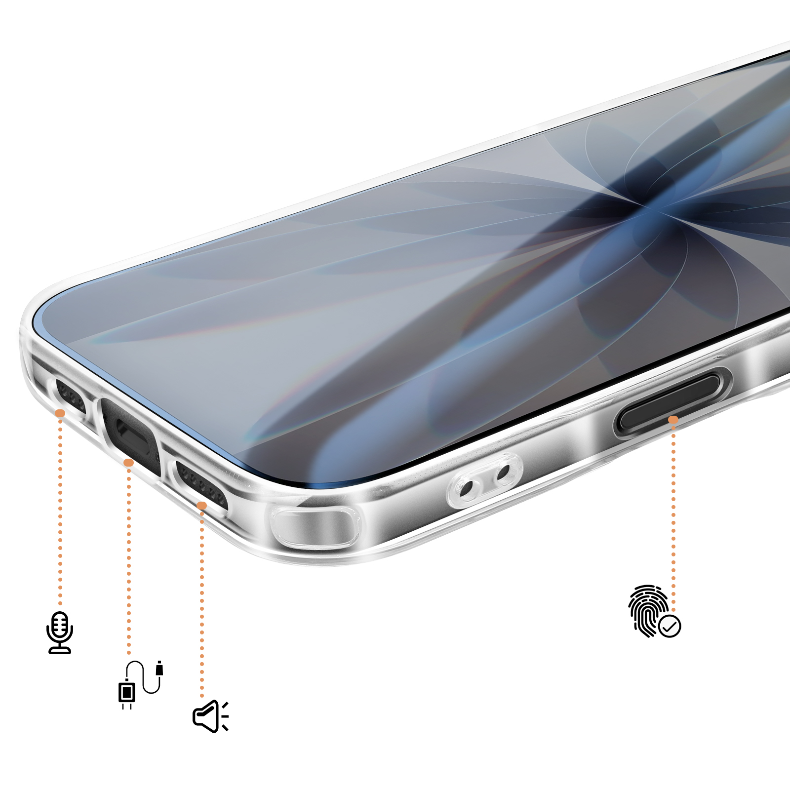 Transparante telefoonhoes met markeringen voor microfoon, oplaadpoort, luidspreker en vingerafdruksensor.
