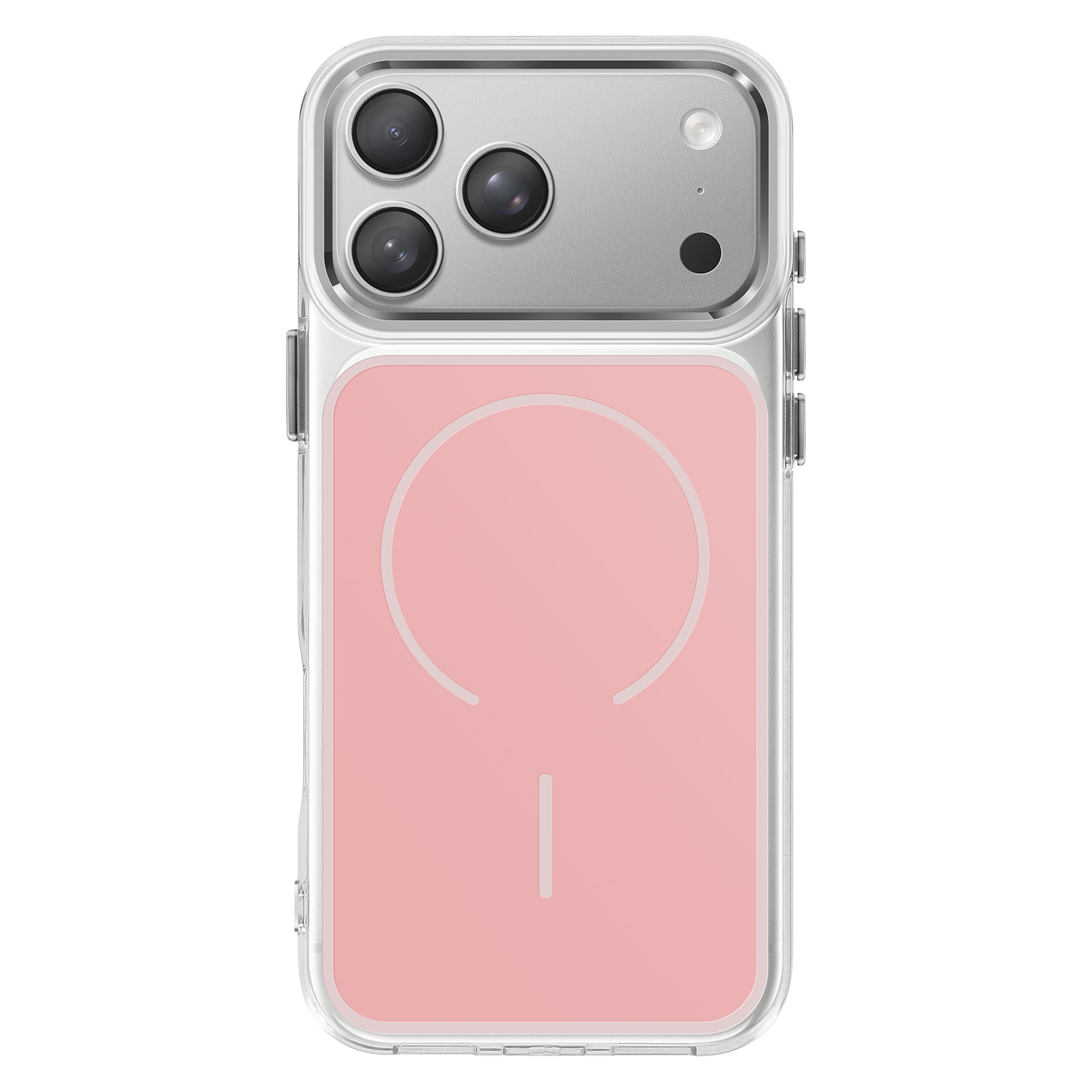 Een doorzichtige iPhone-hoes met roze achterkant en cameramodule.