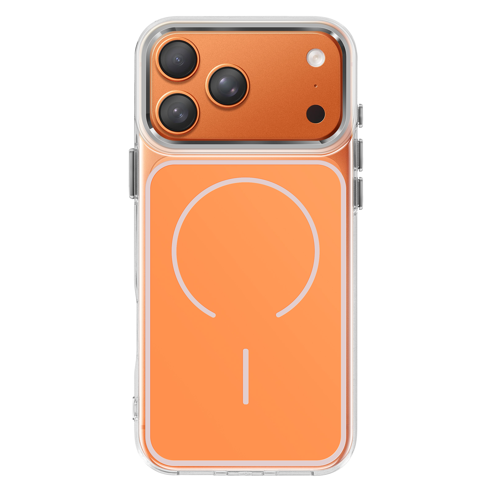Oranje telefoon met doorzichtige hoes, drie camera's en magneetring.