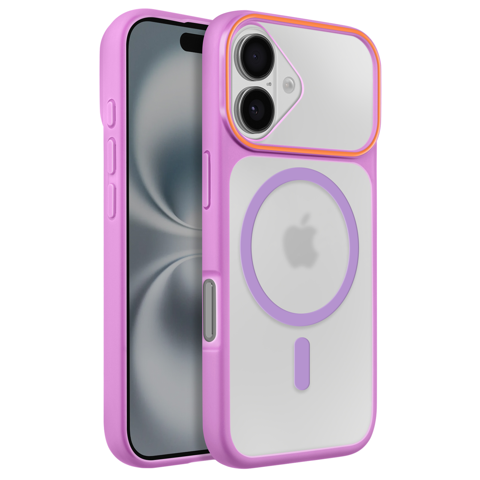 Een roze telefoonhoes met MagSafe-ring en camera-uitsparing op een telefoon.